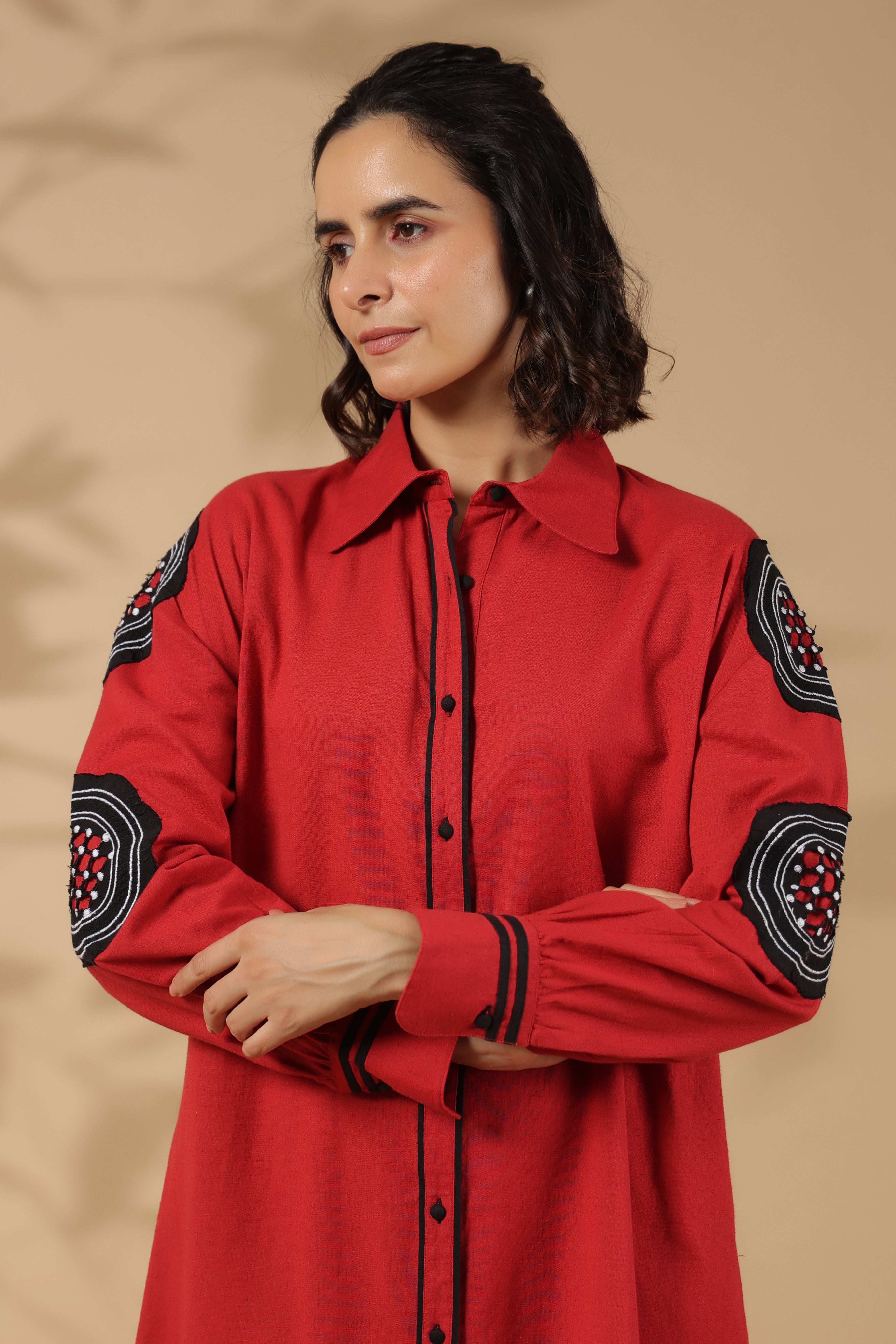 Red Cotton Flex Embroidered Mini Shirt Dress