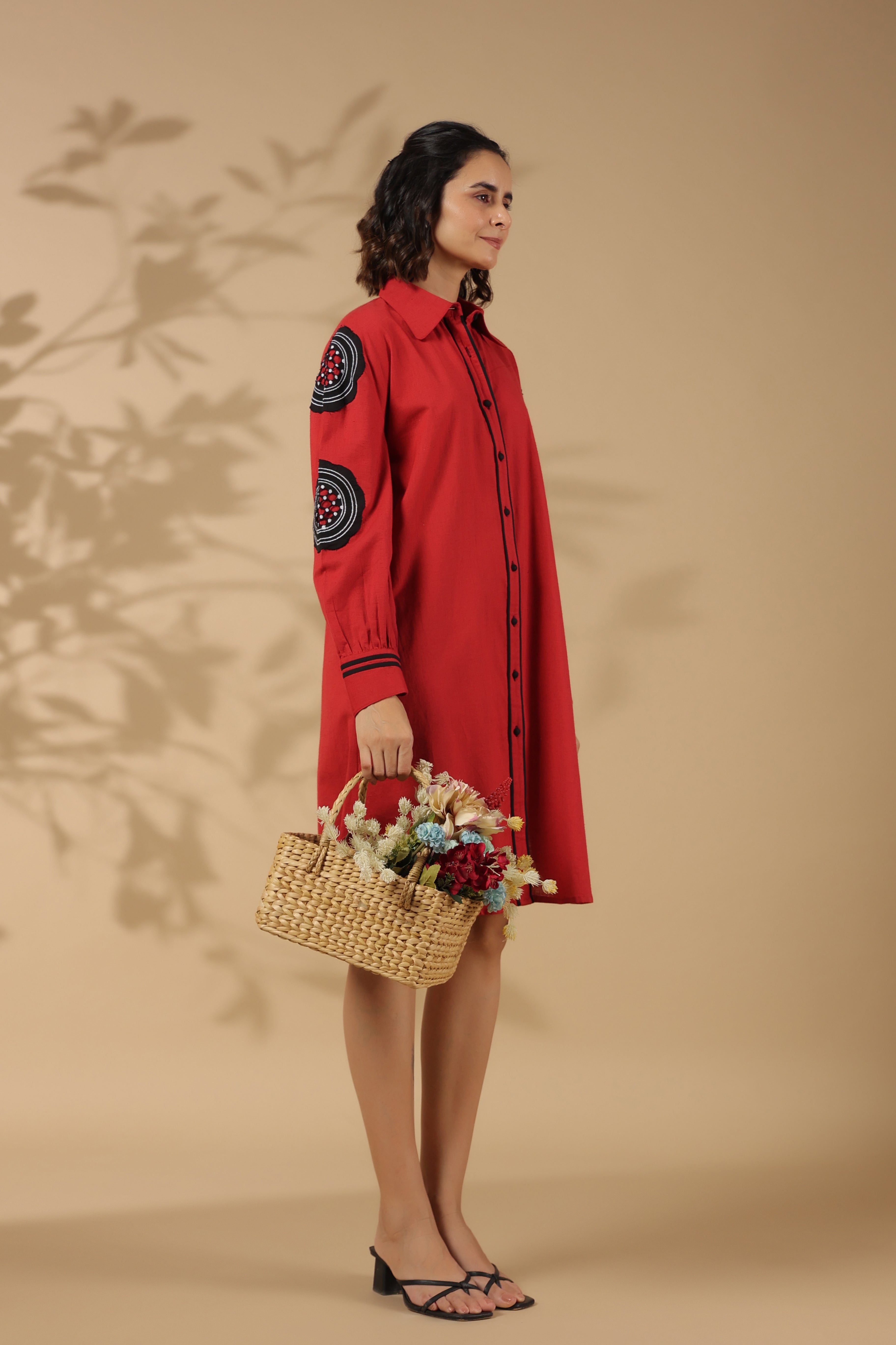 Red Cotton Flex Embroidered Mini Shirt Dress