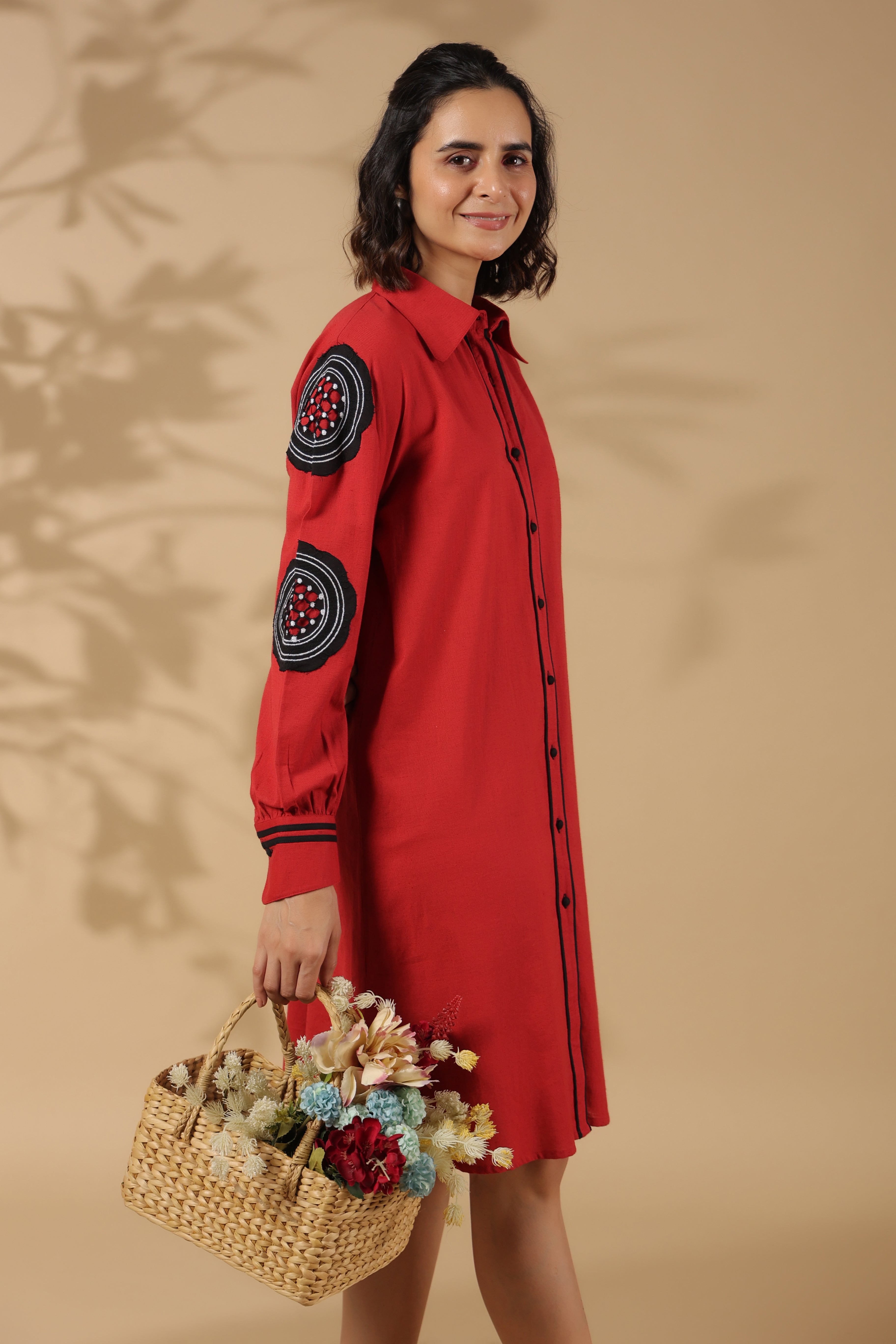 Red Cotton Flex Embroidered Mini Shirt Dress