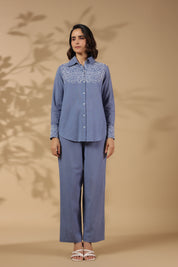 Zenith Blue Work Detailed Front Cotton Flex Co-ord Set