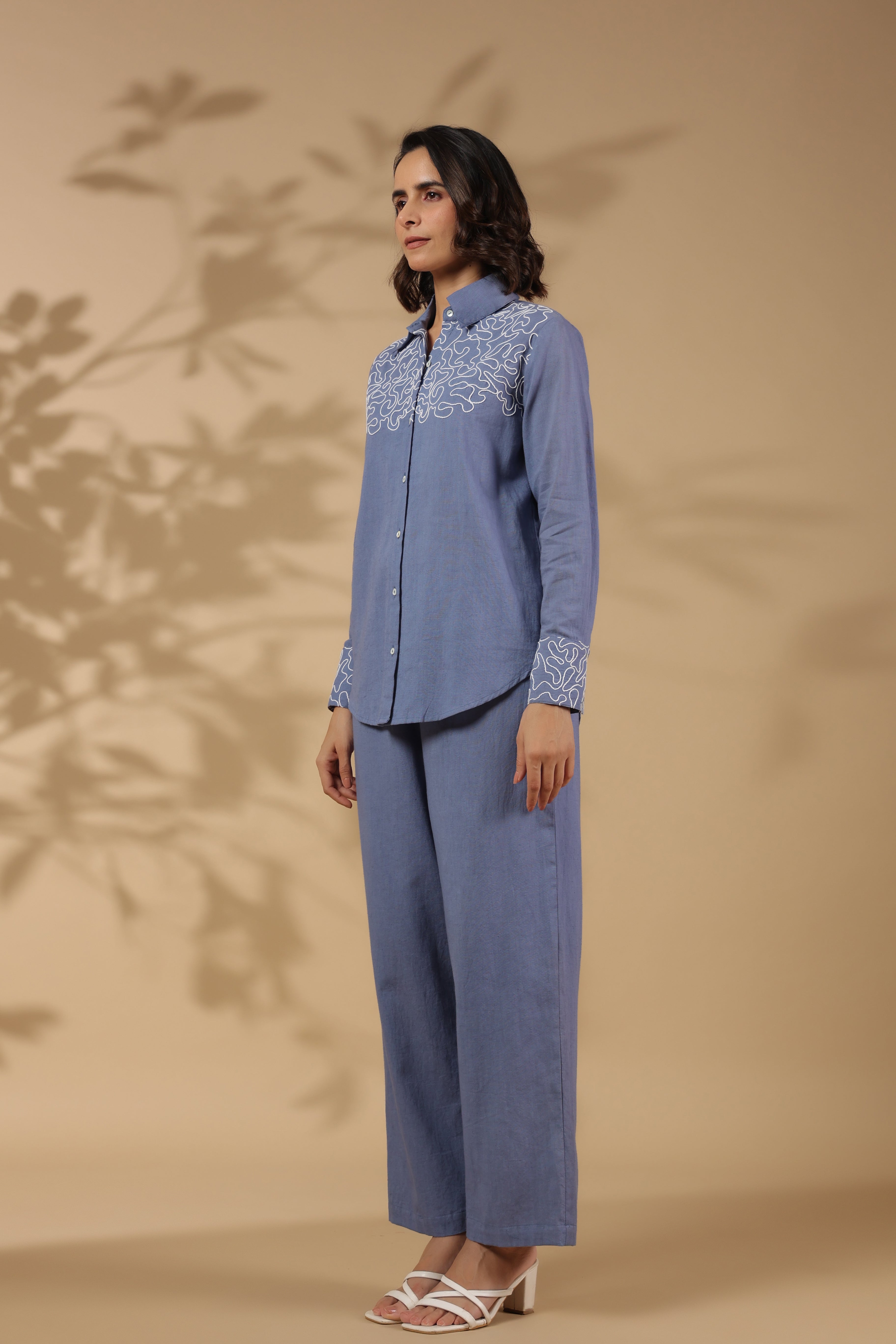 Zenith Blue Work Detailed Front Cotton Flex Co-ord Set