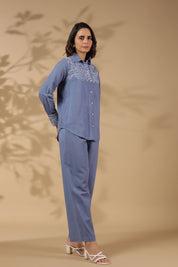 Zenith Blue Work Detailed Front Cotton Flex Co-ord Set