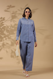 Zenith Blue Work Detailed Front Cotton Flex Co-ord Set