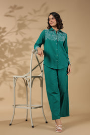 Forest Green  Work Detailed Front Cotton Flex Co-Ord Set