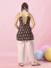 Black Ikat Printed Cotton Short Kurti with Criss-Cross Tie-Back