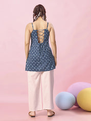 Indigo Diamond & Dot Printed Criss-Cross Tie-Back Cotton Short Kurti