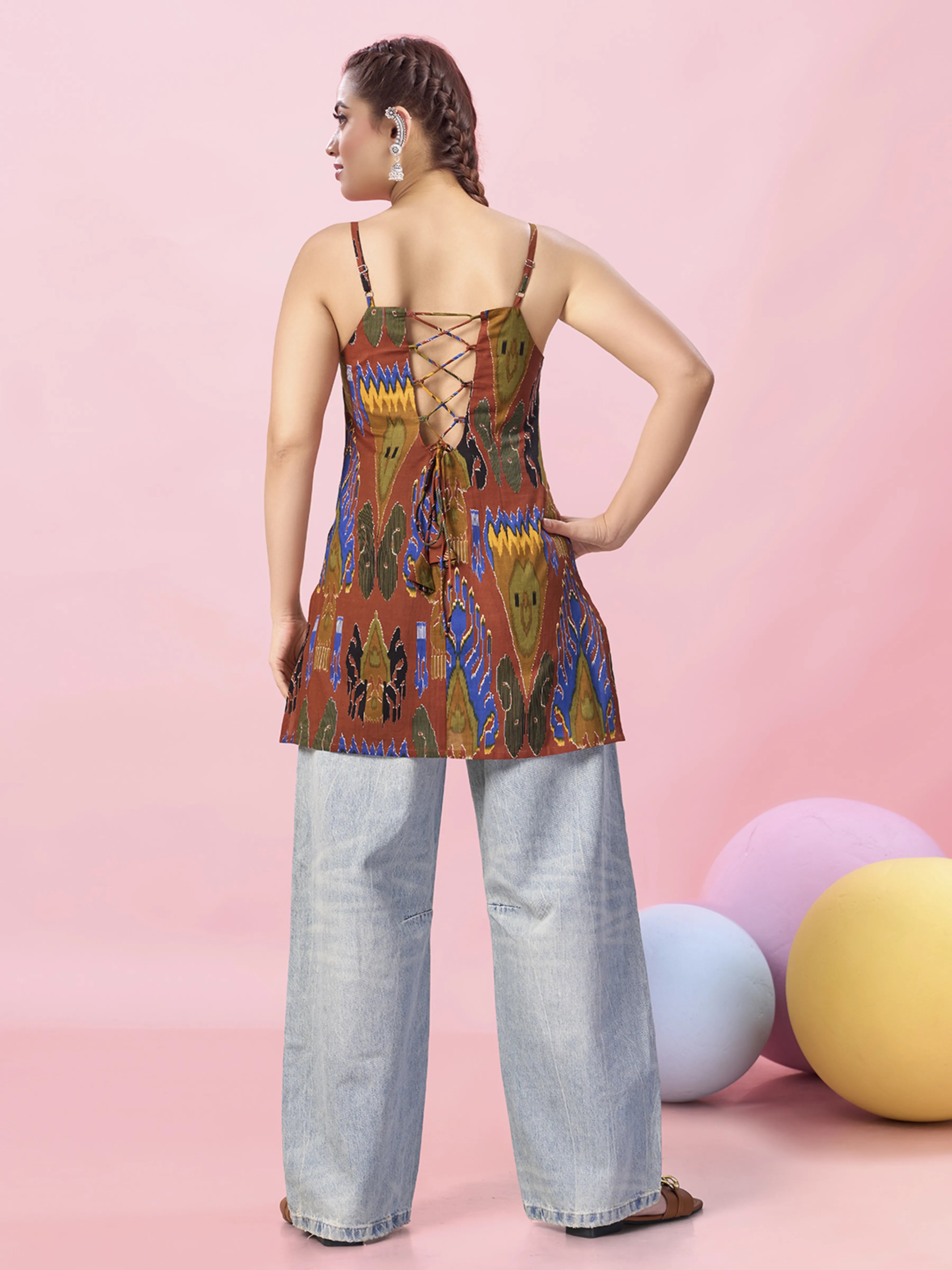 Rust Orange Bold Ikat Printed Backless Cotton Short Kurti