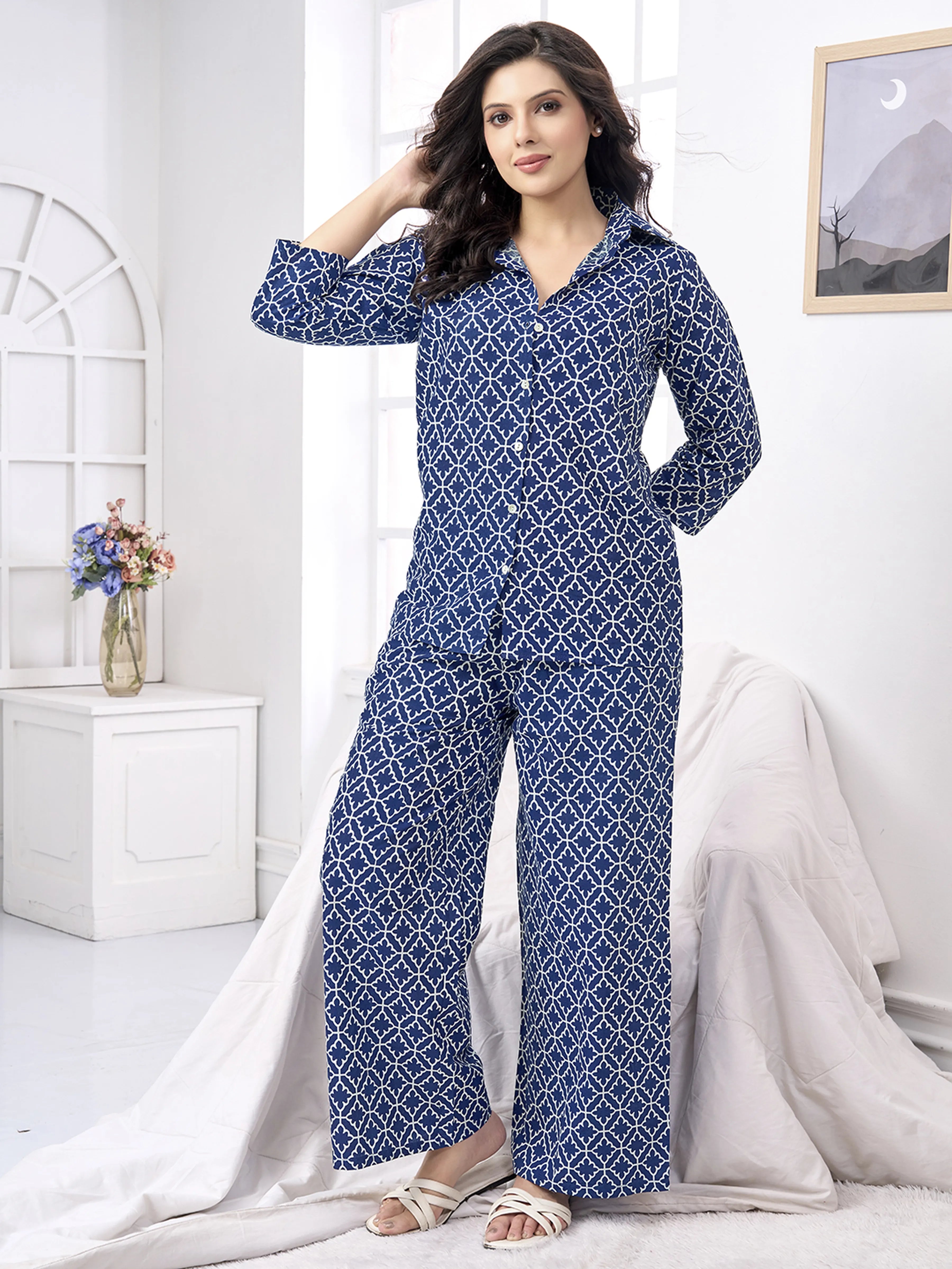 Navy Blue Printed Cotton Co-ord Set