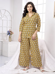 Mustard Yellow Floral Print Cotton Co-ord Set