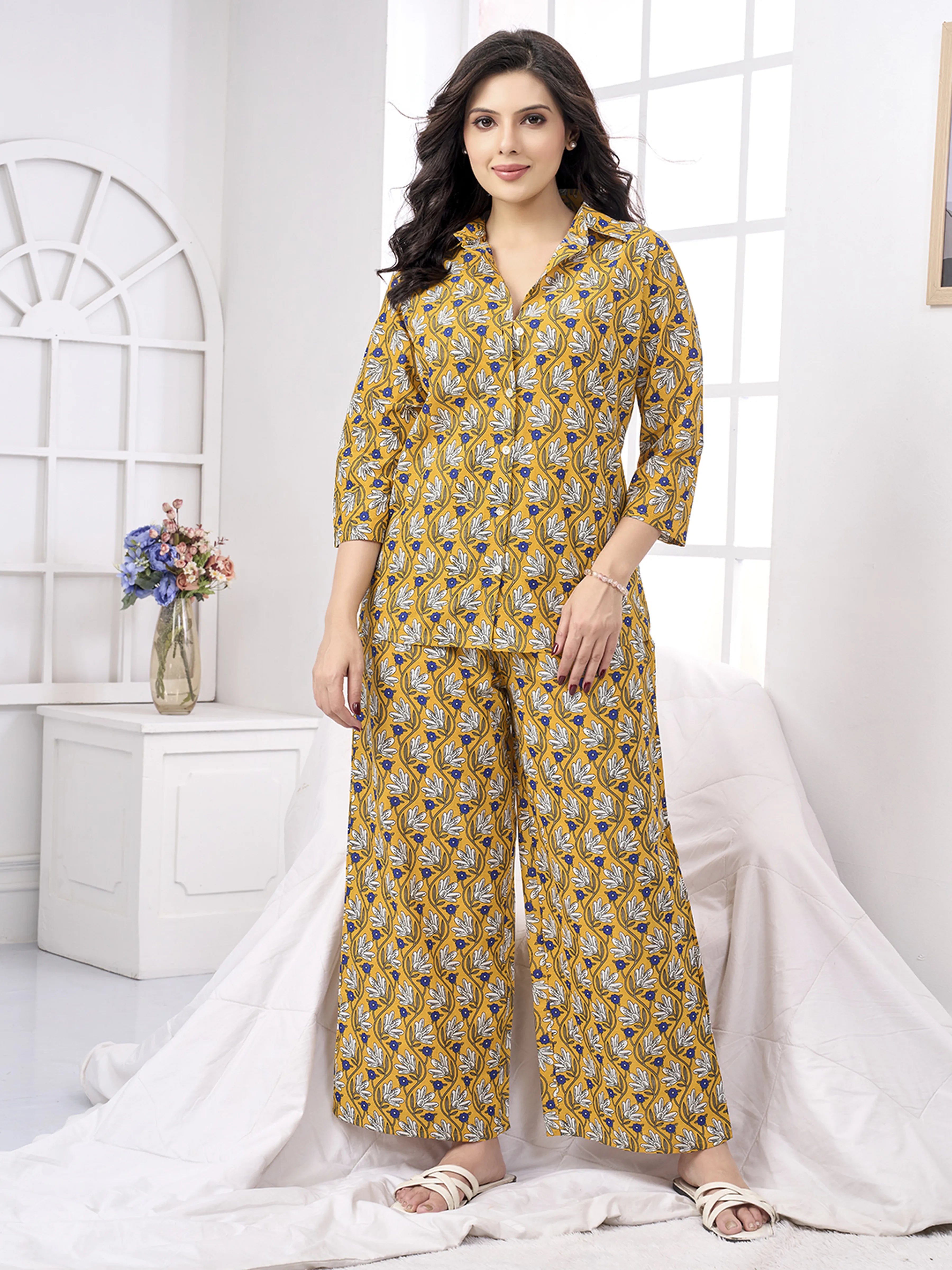 Mustard Yellow Floral Print Cotton Co-ord Set
