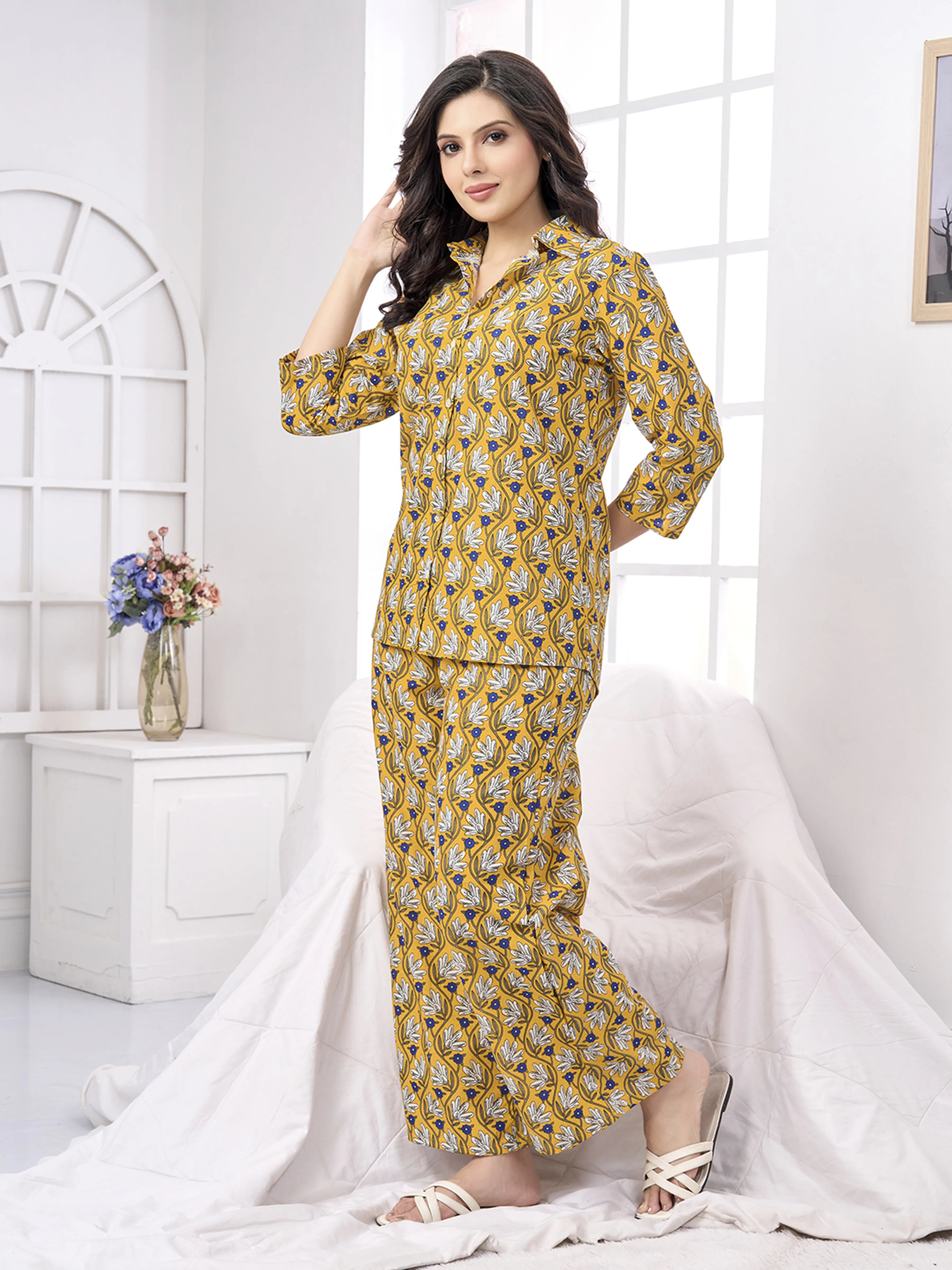 Mustard Yellow Floral Print Cotton Co-ord Set