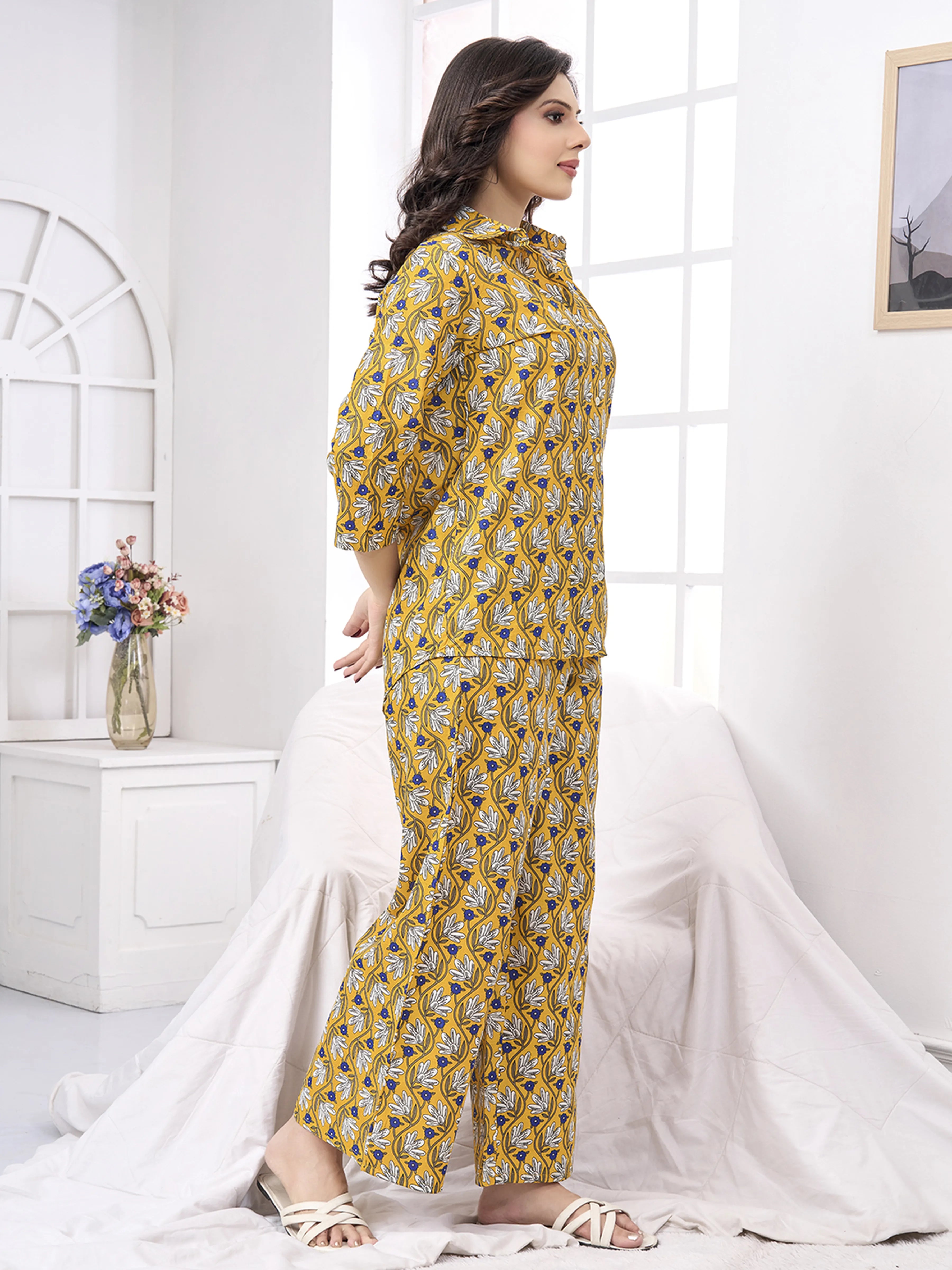 Mustard Yellow Floral Print Cotton Co-ord Set
