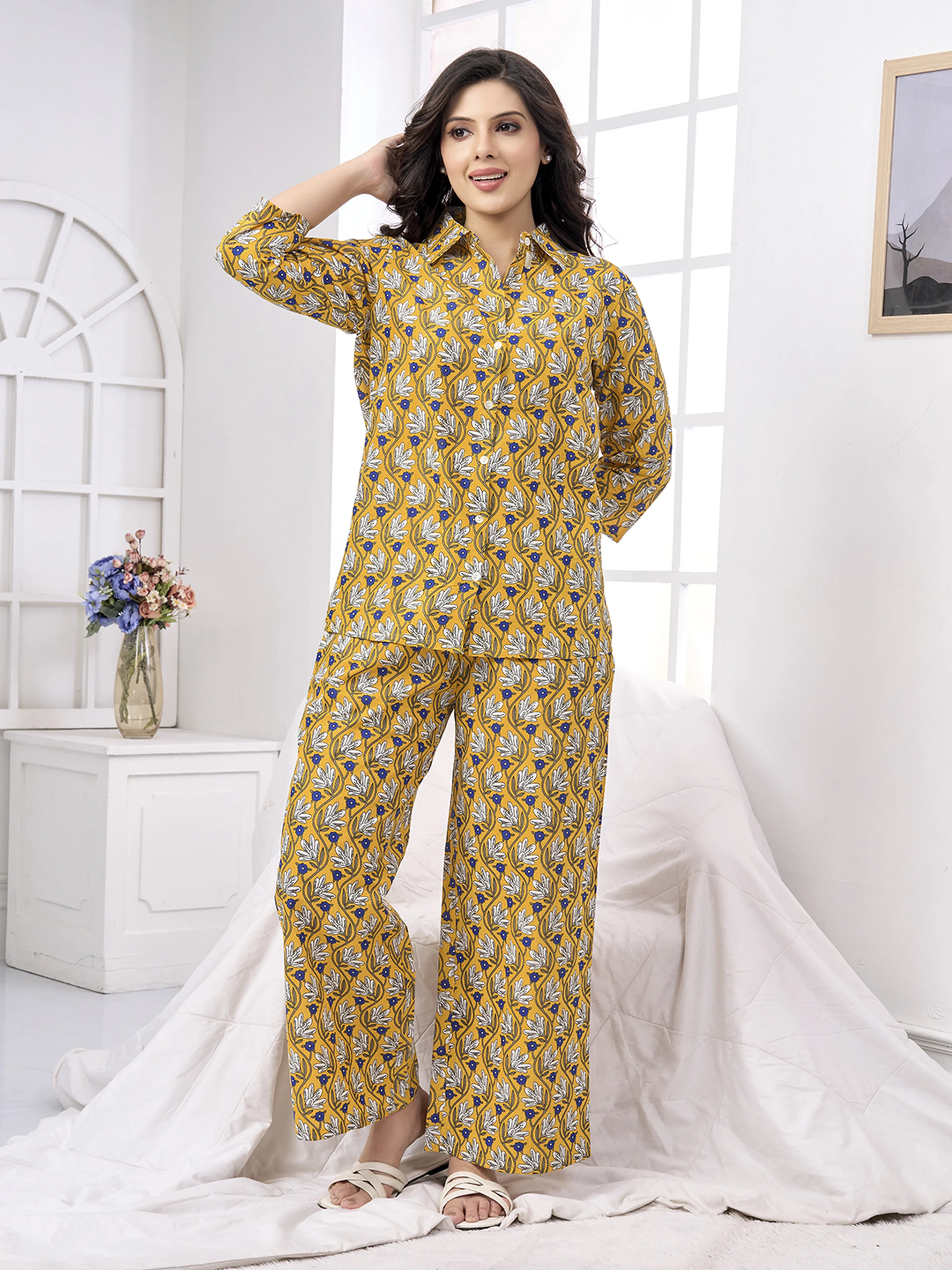 Mustard Yellow Floral Print Cotton Co-ord Set