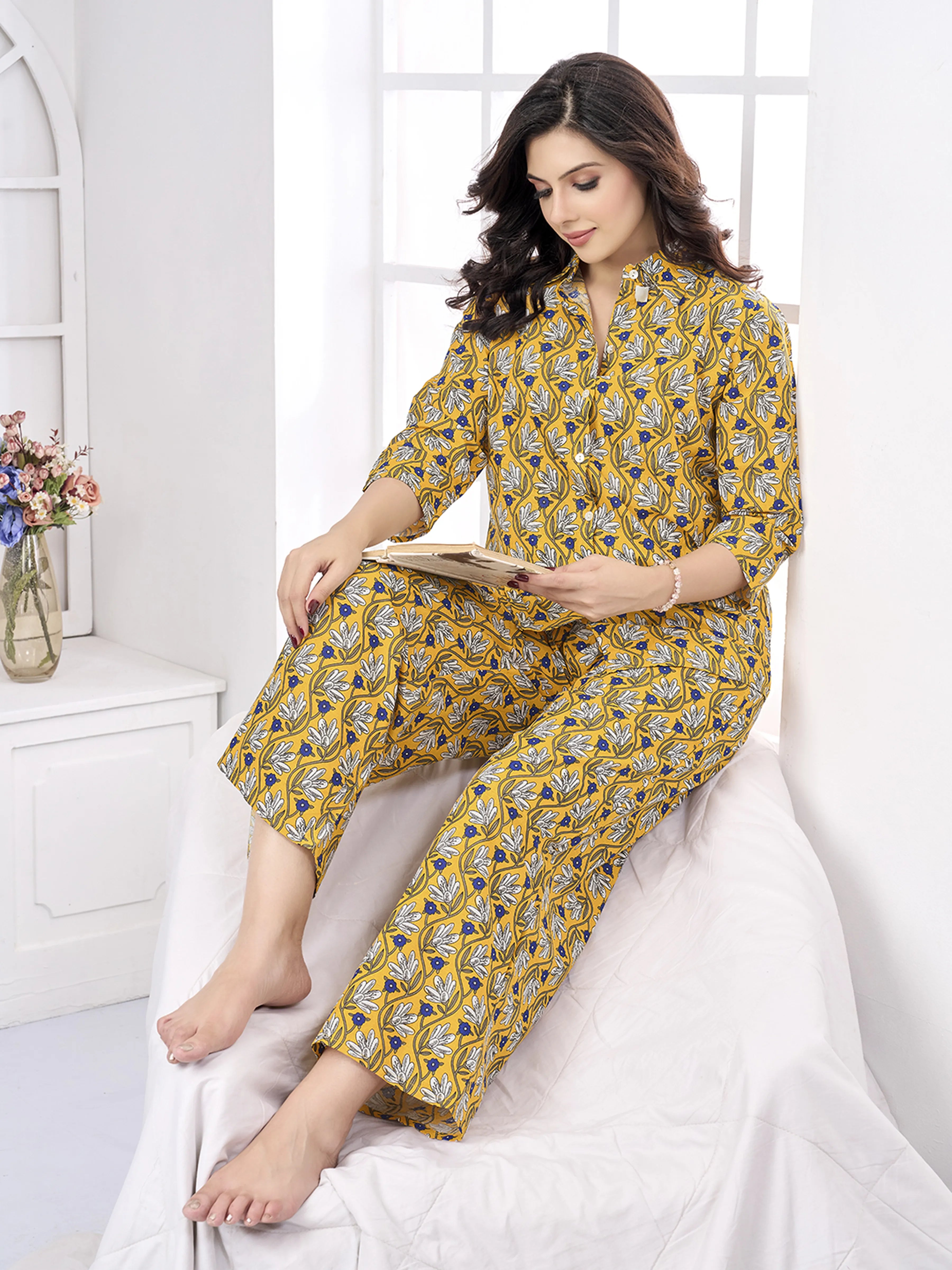 Mustard Yellow Floral Print Cotton Co-ord Set