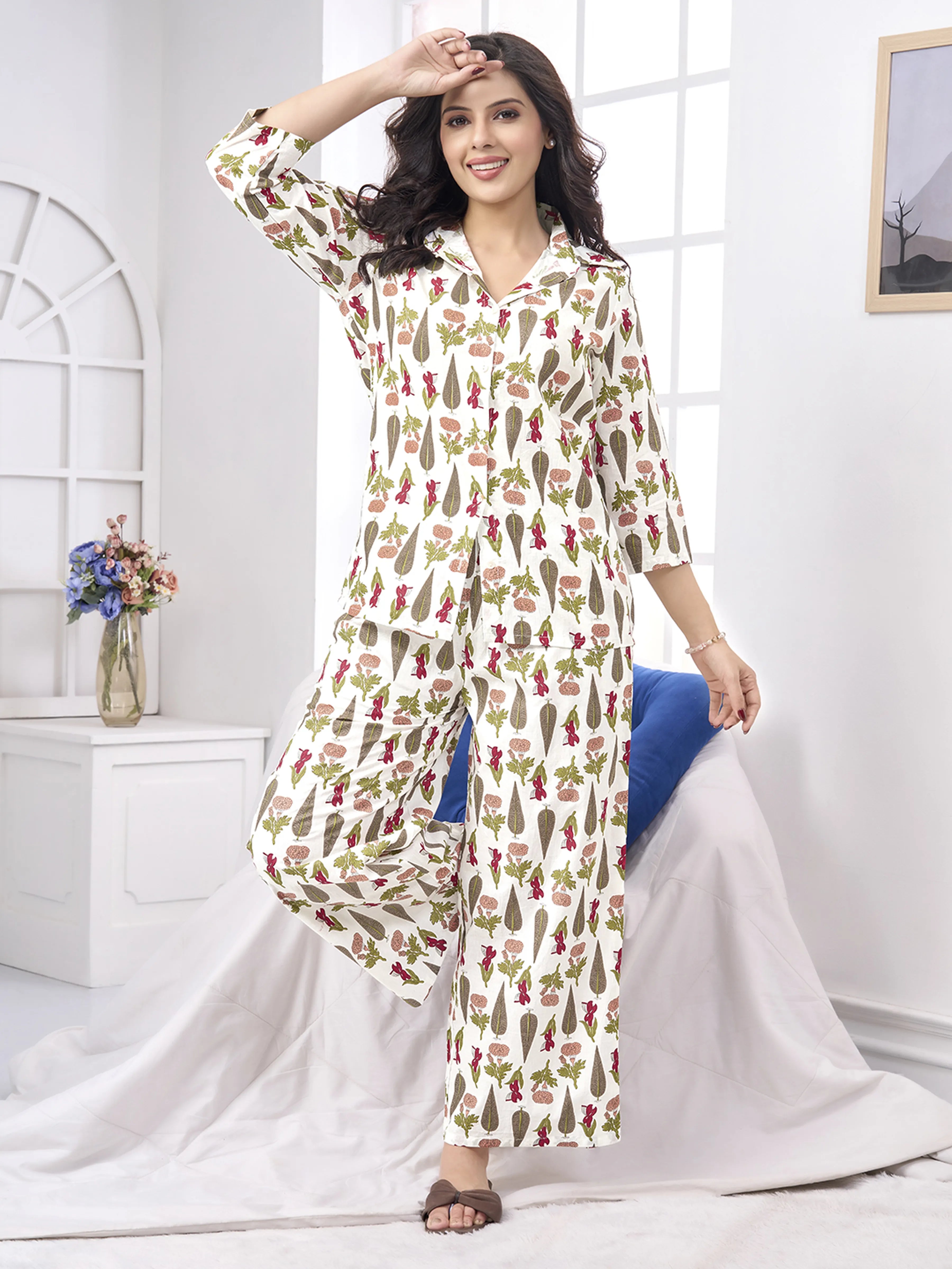 White Floral Block Cotton Co-ord Set