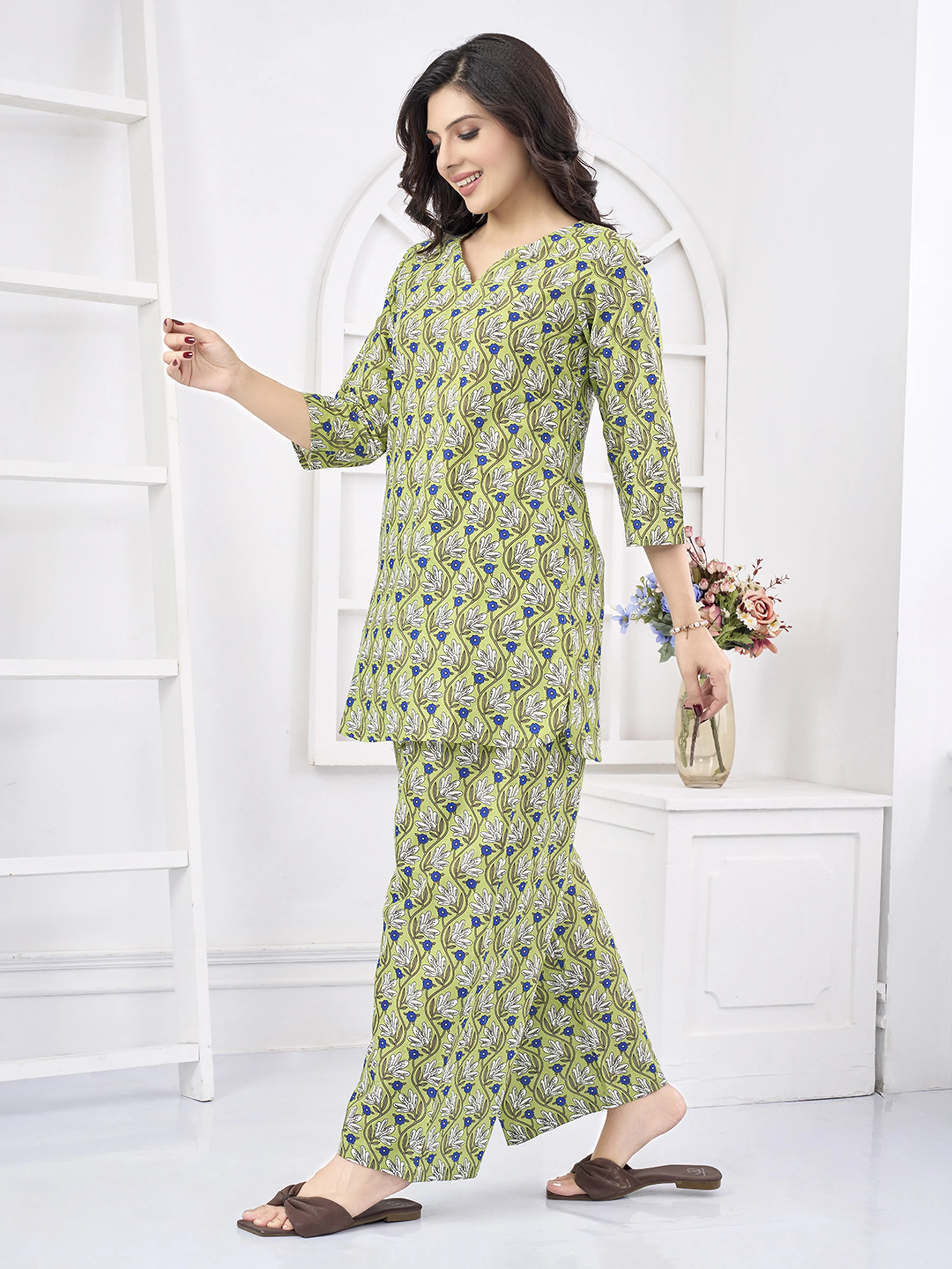 Green Floral Print Cotton Co-ord Set