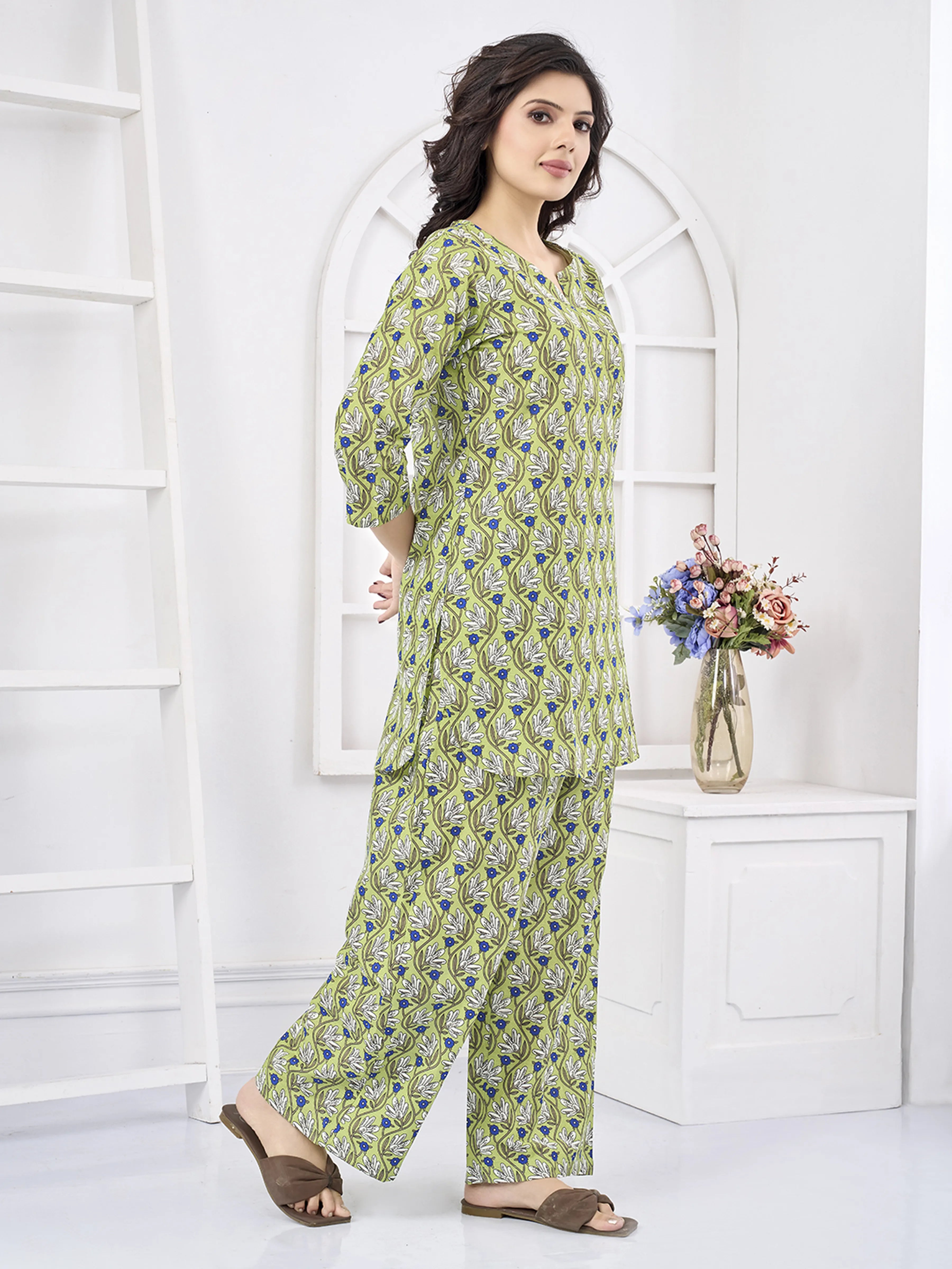 Green Floral Print Cotton Co-ord Set