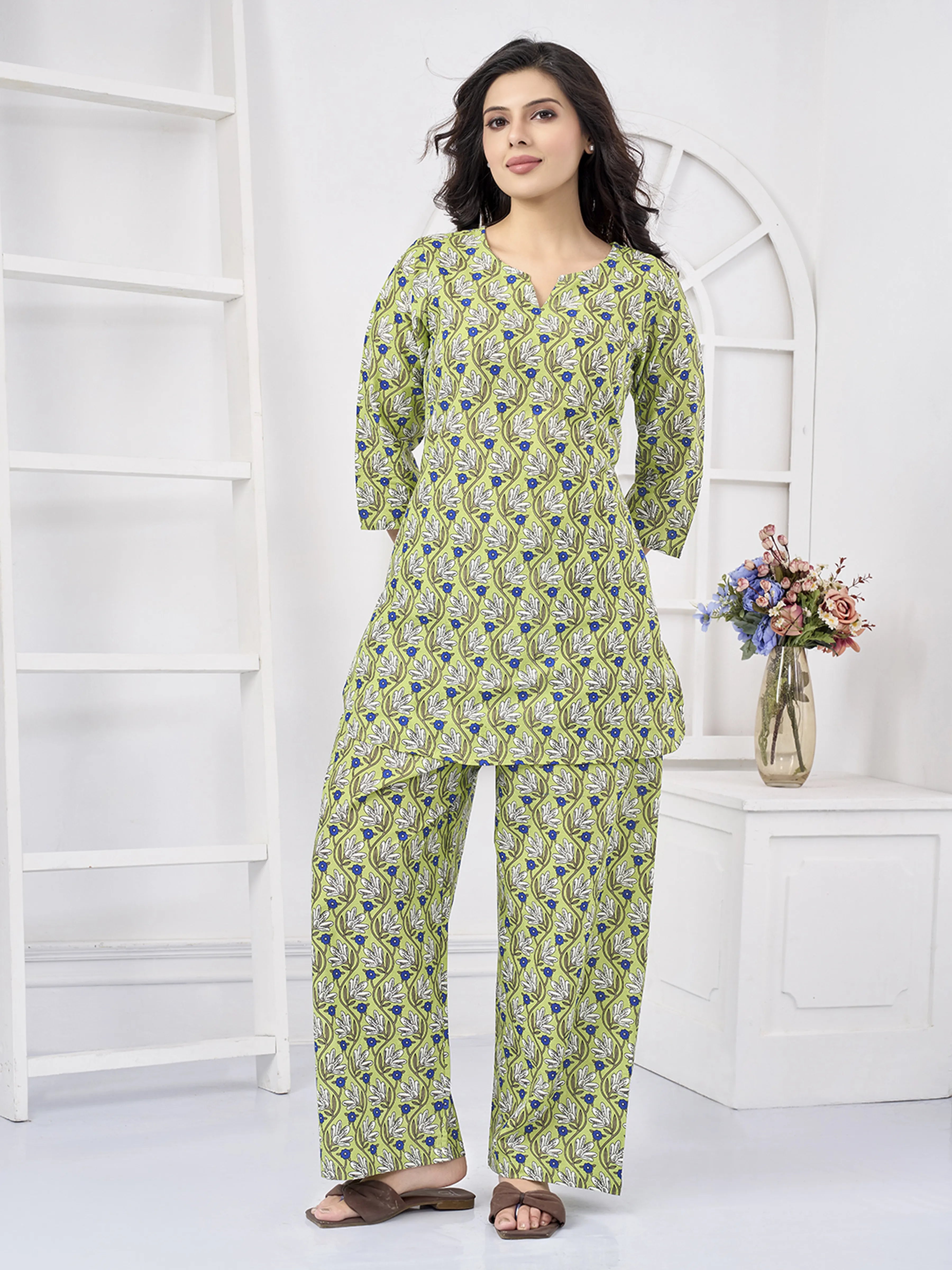 Green Floral Print Cotton Co-ord Set