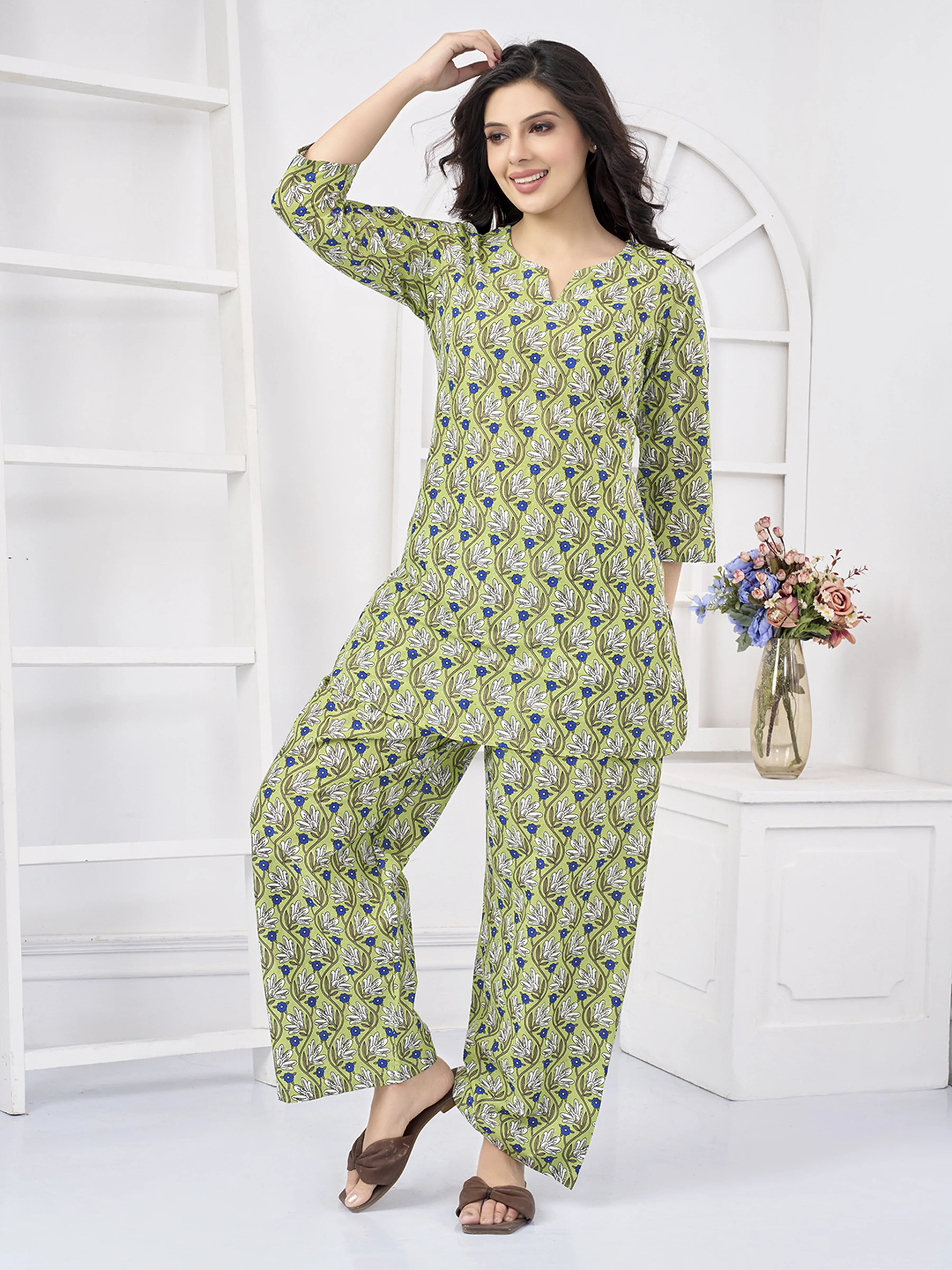 Green Floral Print Cotton Co-ord Set