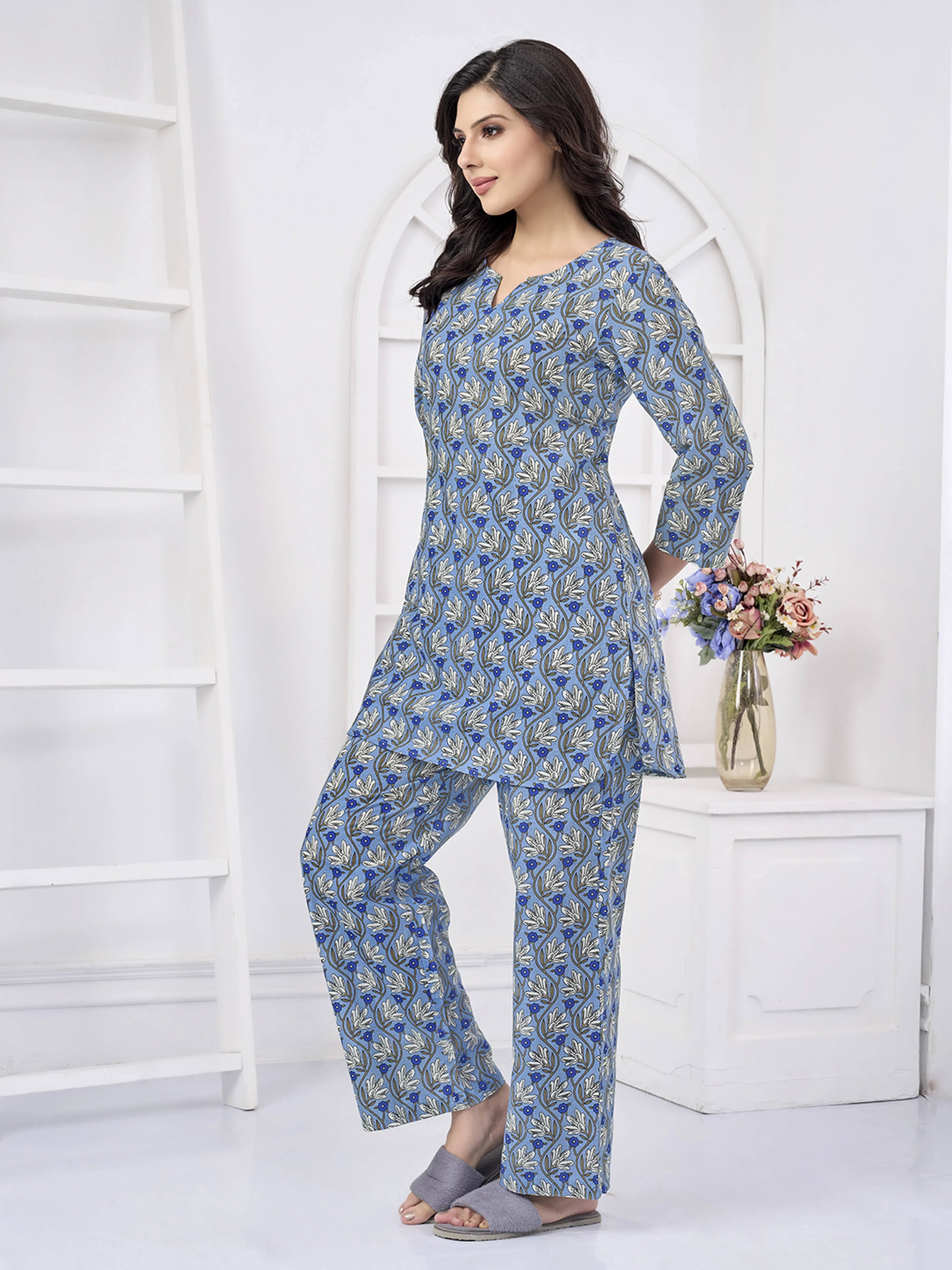 Blue & White Print Cotton Co-ord Set