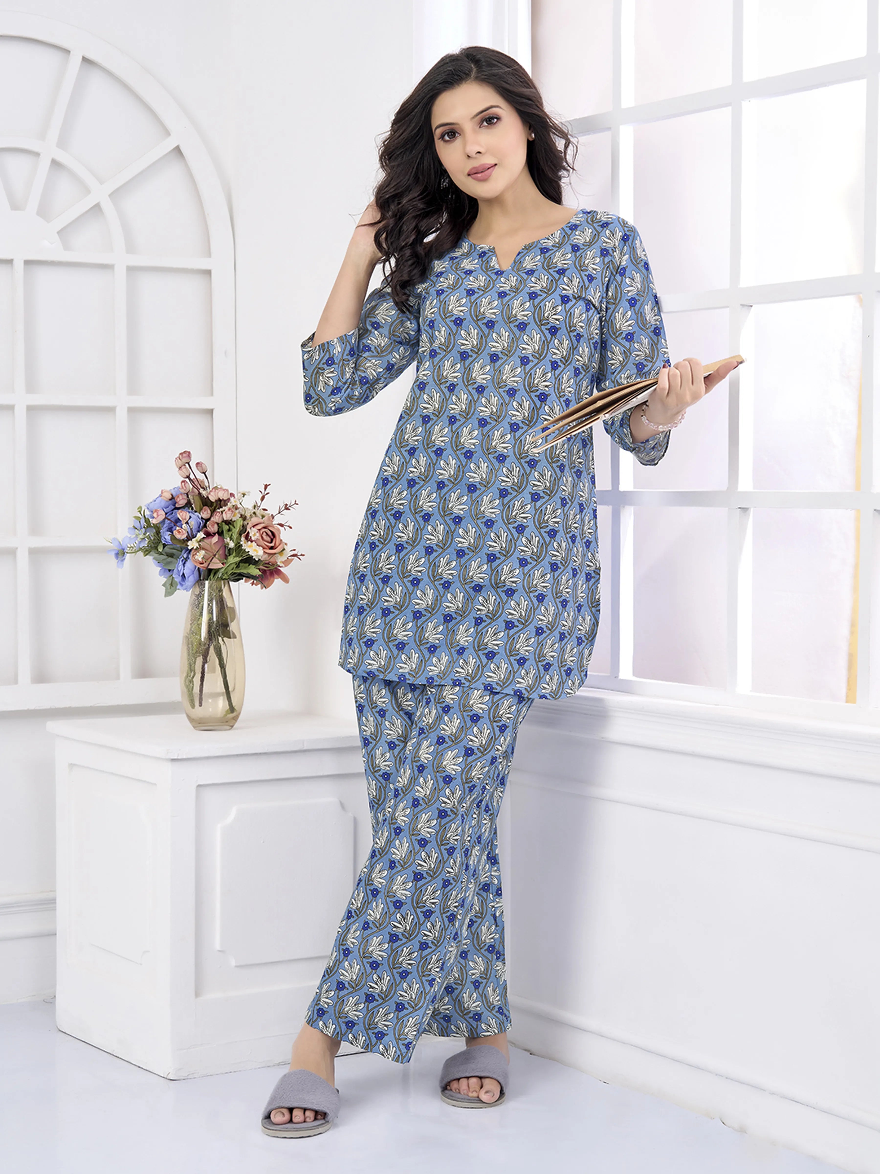 Blue & White Print Cotton Co-ord Set