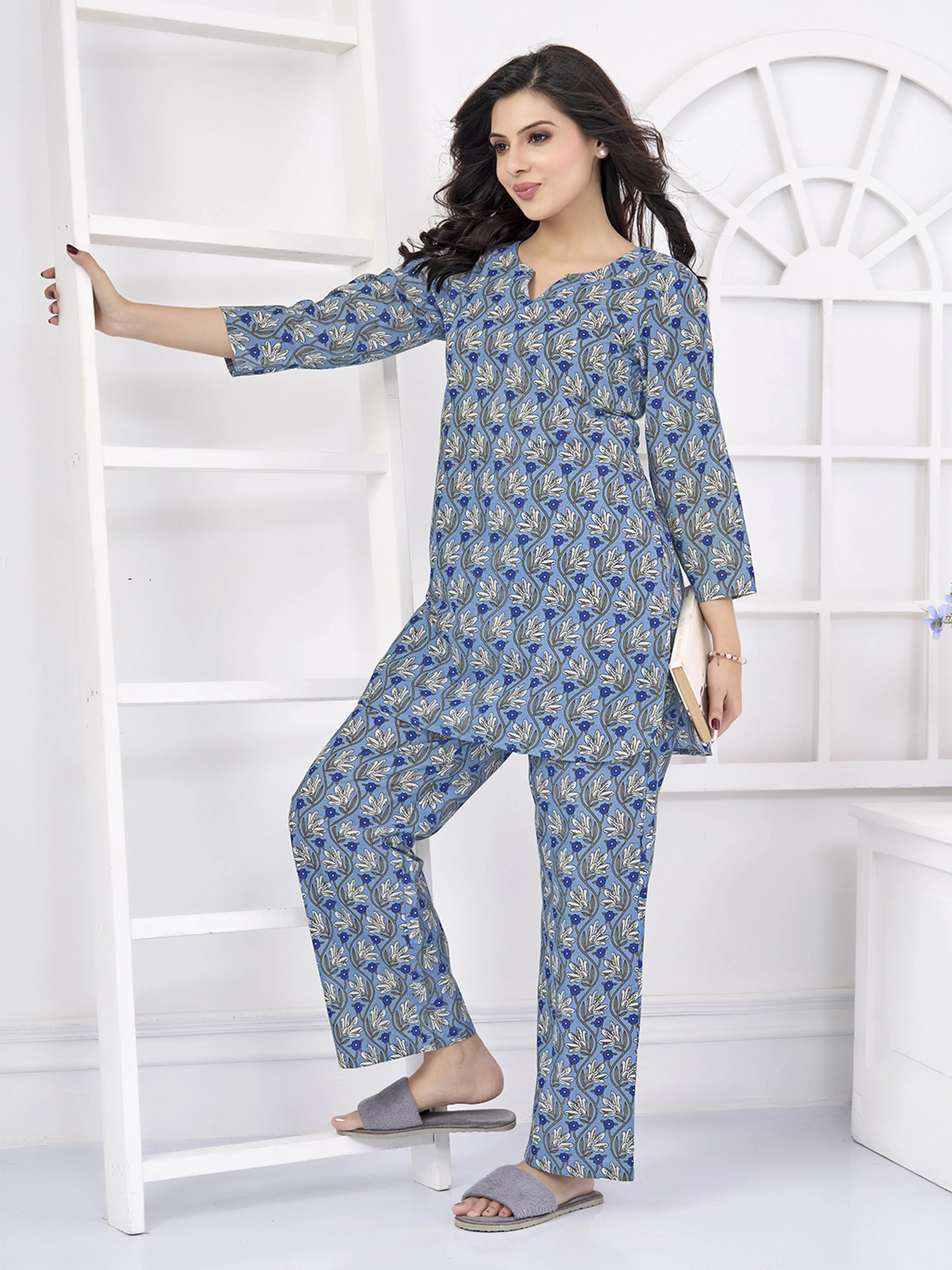 Blue & White Print Cotton Co-ord Set