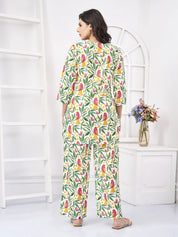 White Base Parrot Printed Cotton Co-ord Set