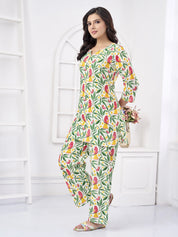 White Base Parrot Printed Cotton Co-ord Set