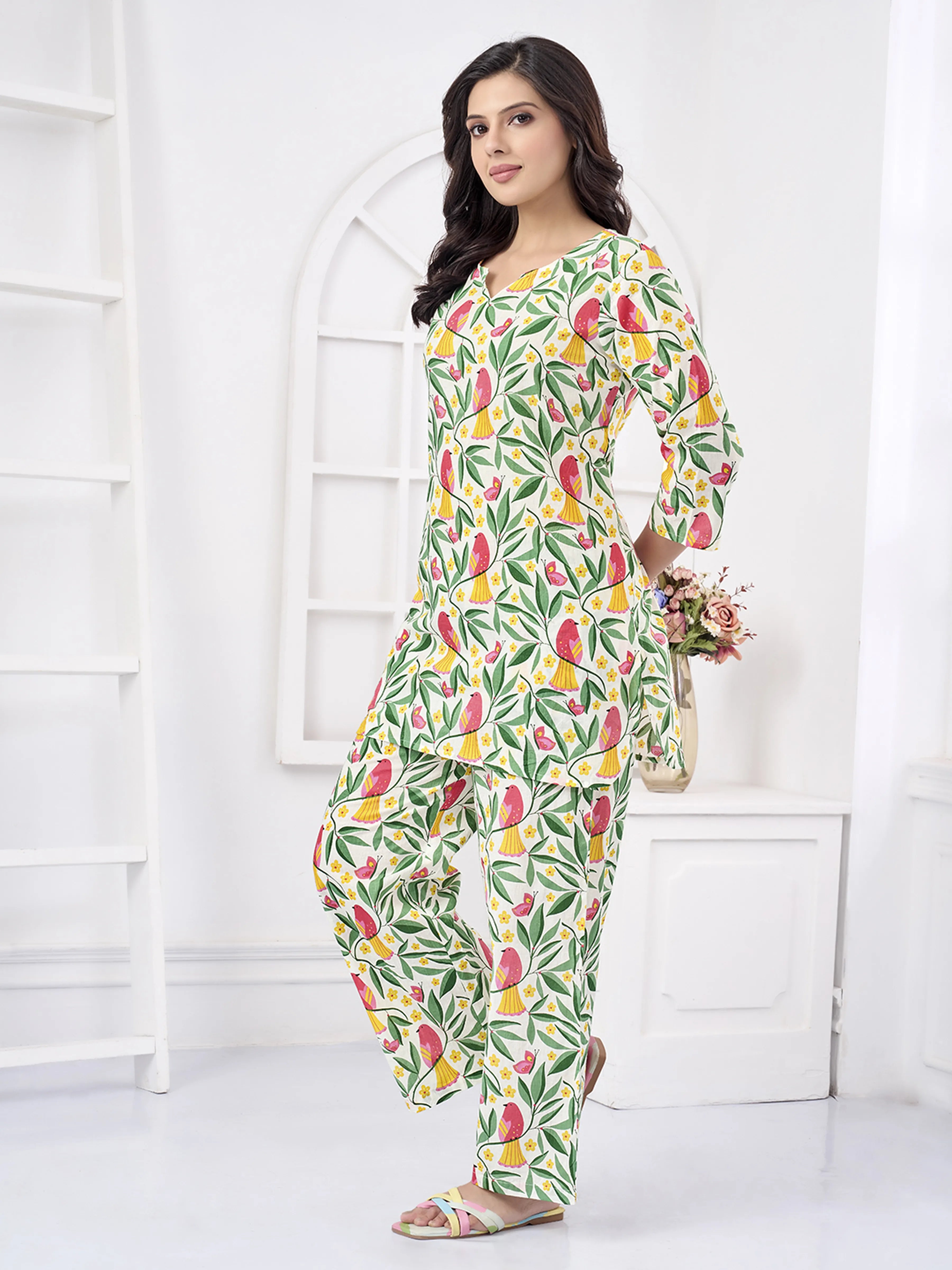 White Base Parrot Printed Cotton Co-ord Set