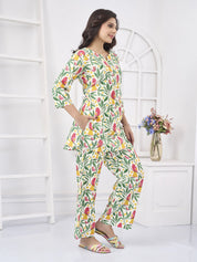 White Base Parrot Printed Cotton Co-ord Set