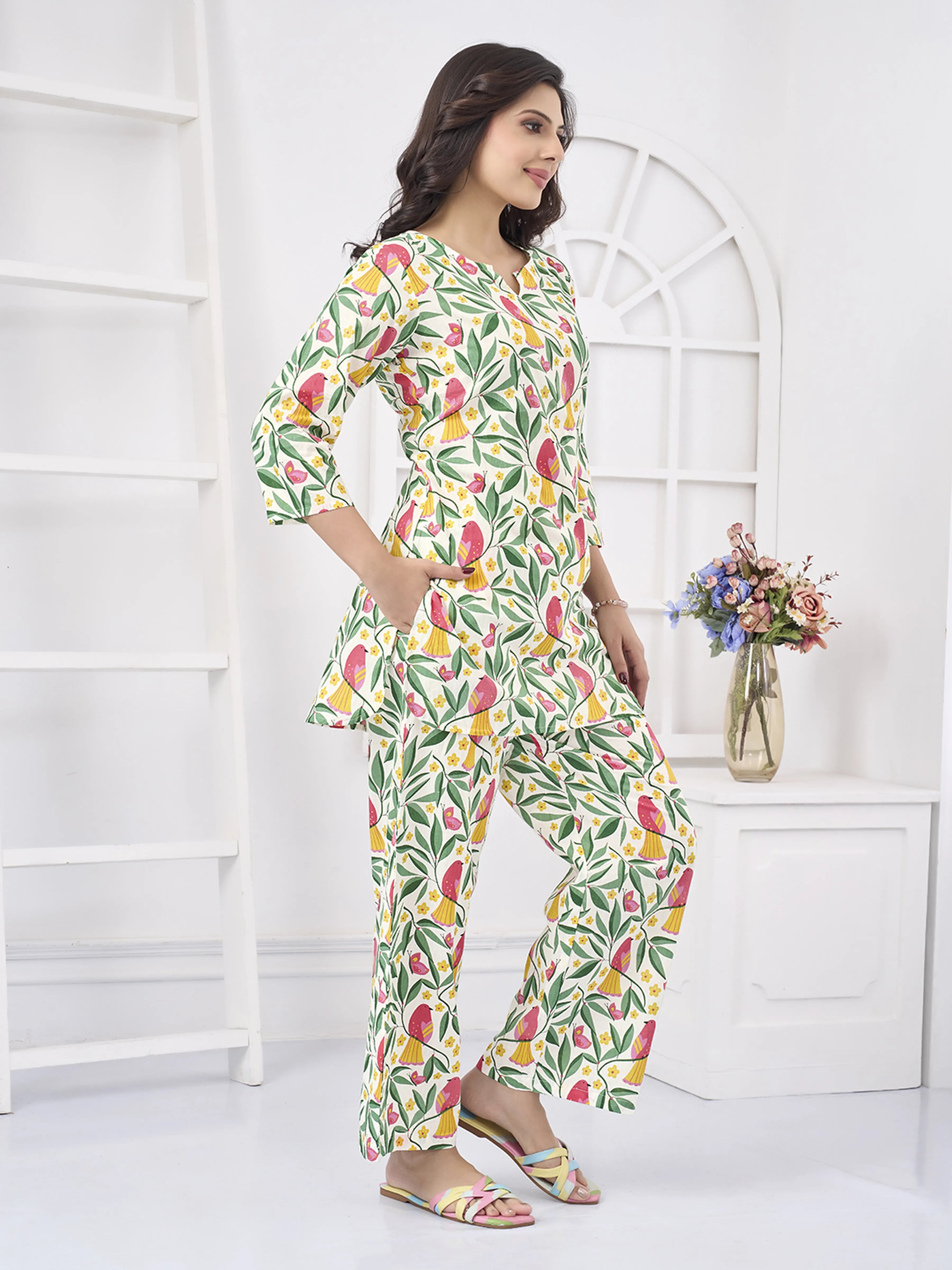 White Base Parrot Printed Cotton Co-ord Set