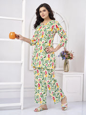 White Base Parrot Printed Cotton Co-ord Set