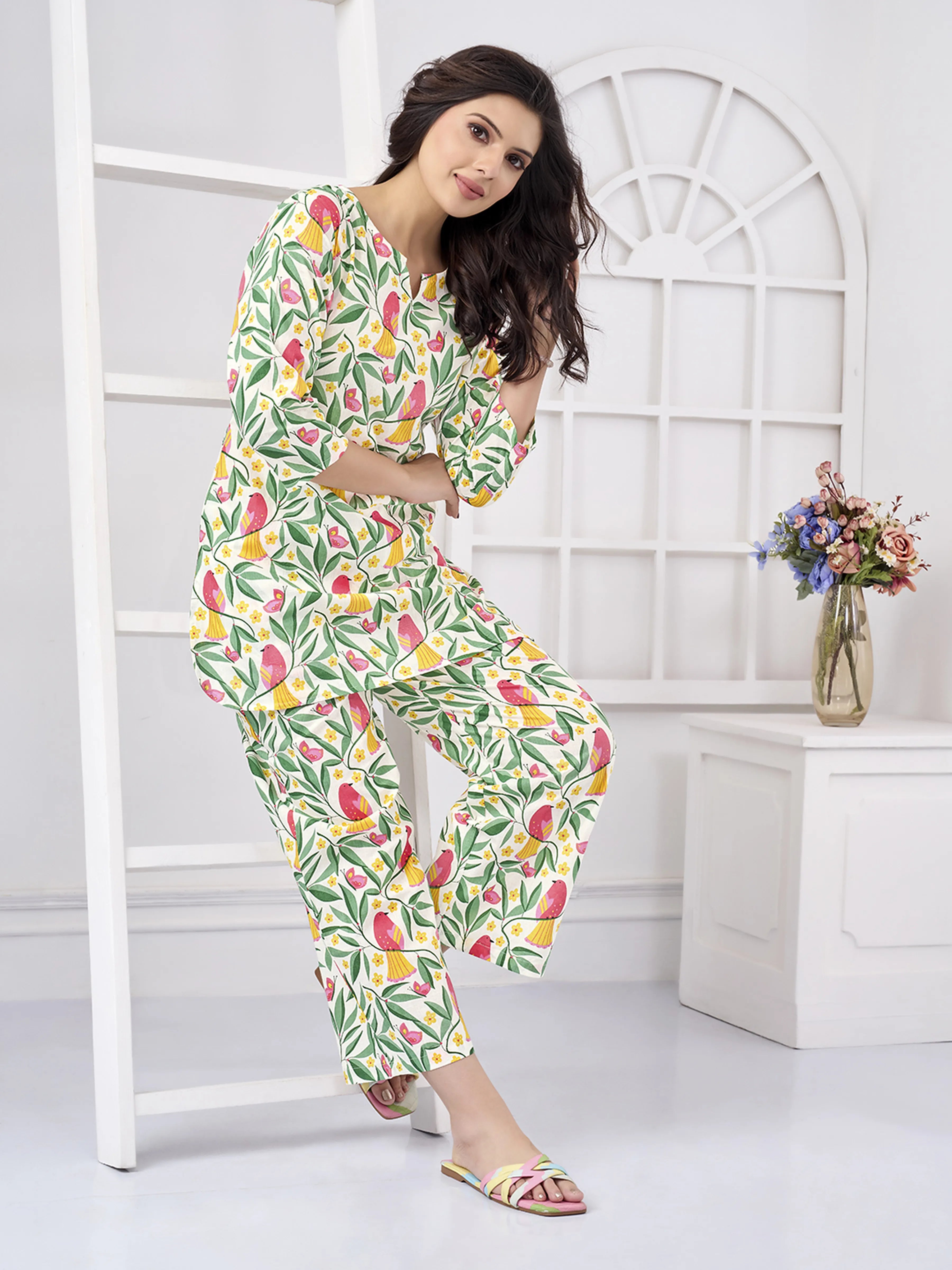 White Base Parrot Printed Cotton Co-ord Set