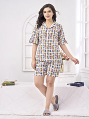 Multicolor Stamp Print Cotton Co-Ord Set with Shirt Collar & Shorts