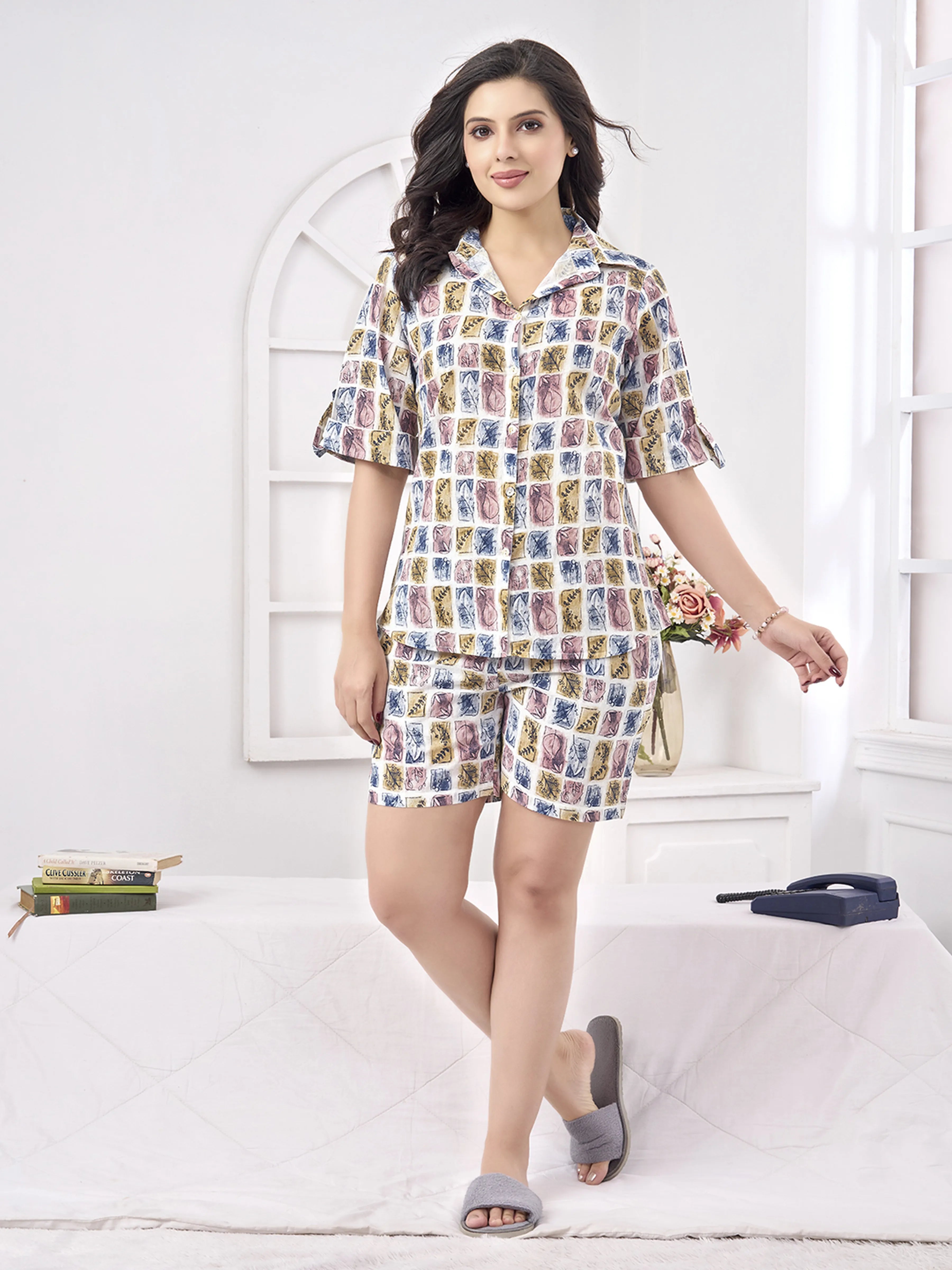 Multicolor Stamp Print Cotton Co-Ord Set with Shirt Collar & Shorts