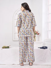 Multicolor Stamp Print Cotton Co-Ord Set with Shirt Collar Silhouette