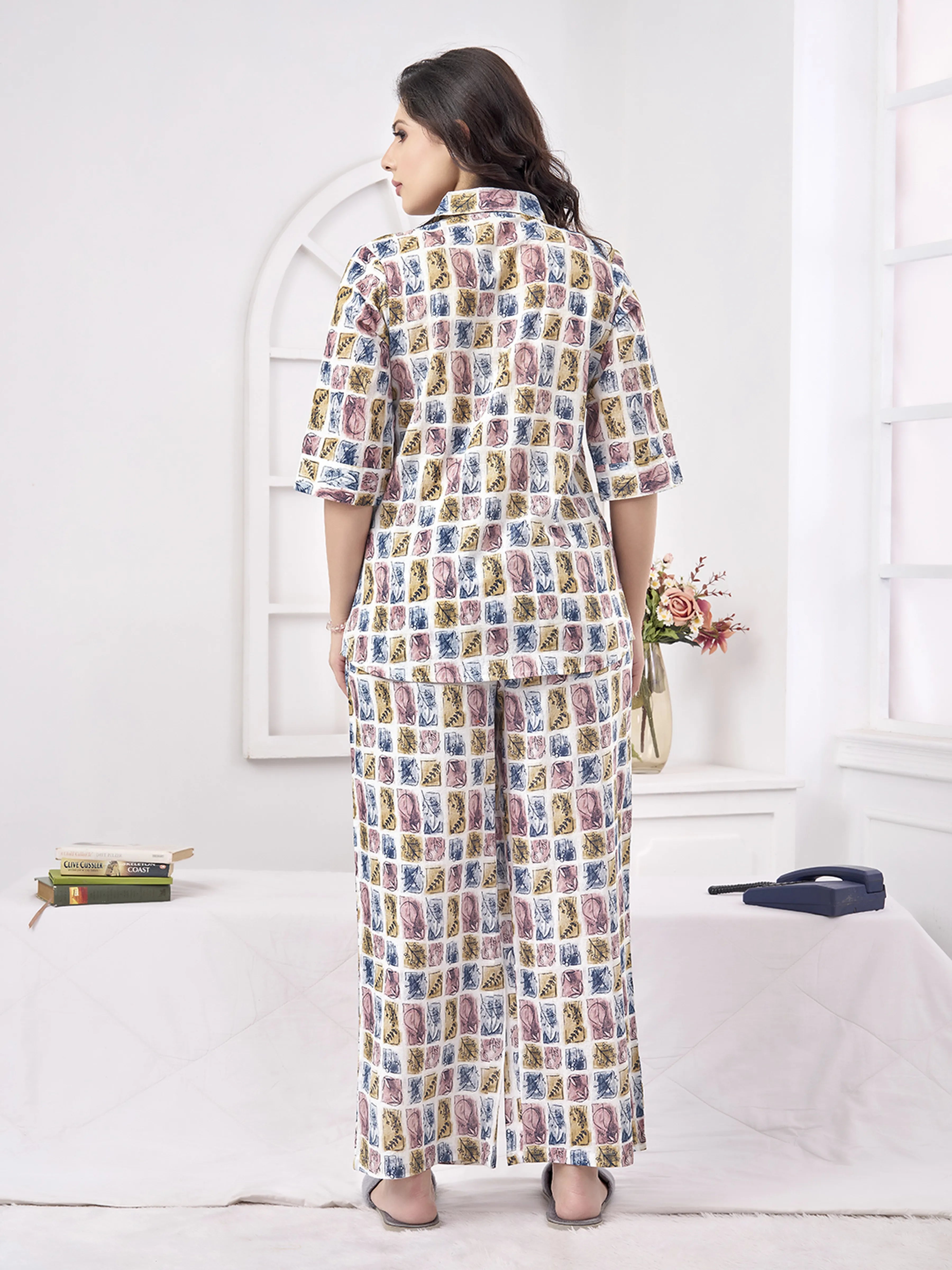Multicolor Stamp Print Cotton Co-Ord Set with Shirt Collar Silhouette