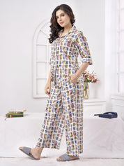 Multicolor Stamp Print Cotton Co-Ord Set with Shirt Collar Silhouette