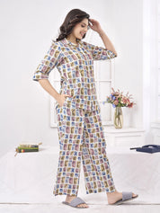 Multicolor Stamp Print Cotton Co-Ord Set with Shirt Collar Silhouette
