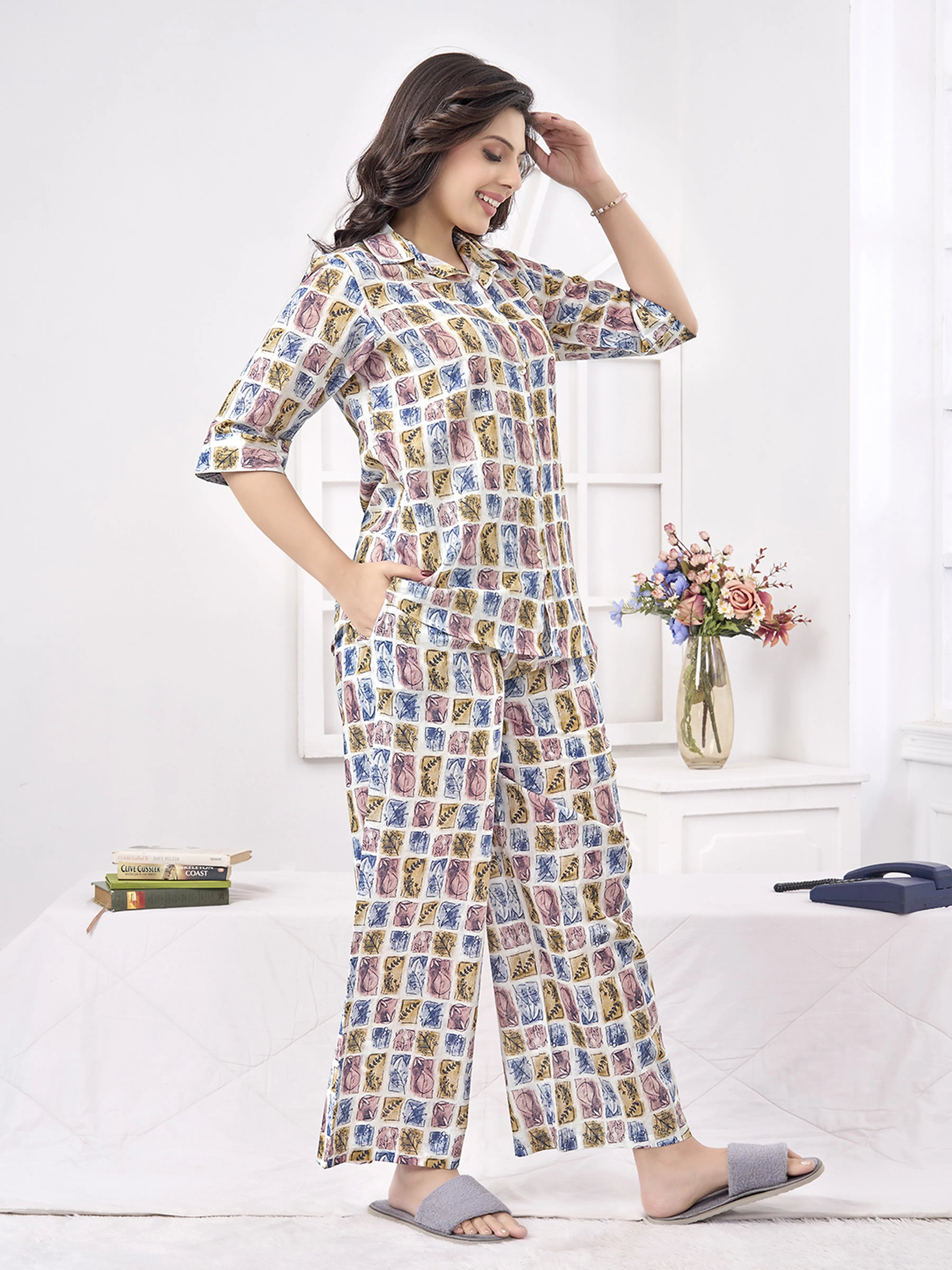 Multicolor Stamp Print Cotton Co-Ord Set with Shirt Collar Silhouette