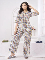 Multicolor Stamp Print Cotton Co-Ord Set with Shirt Collar Silhouette