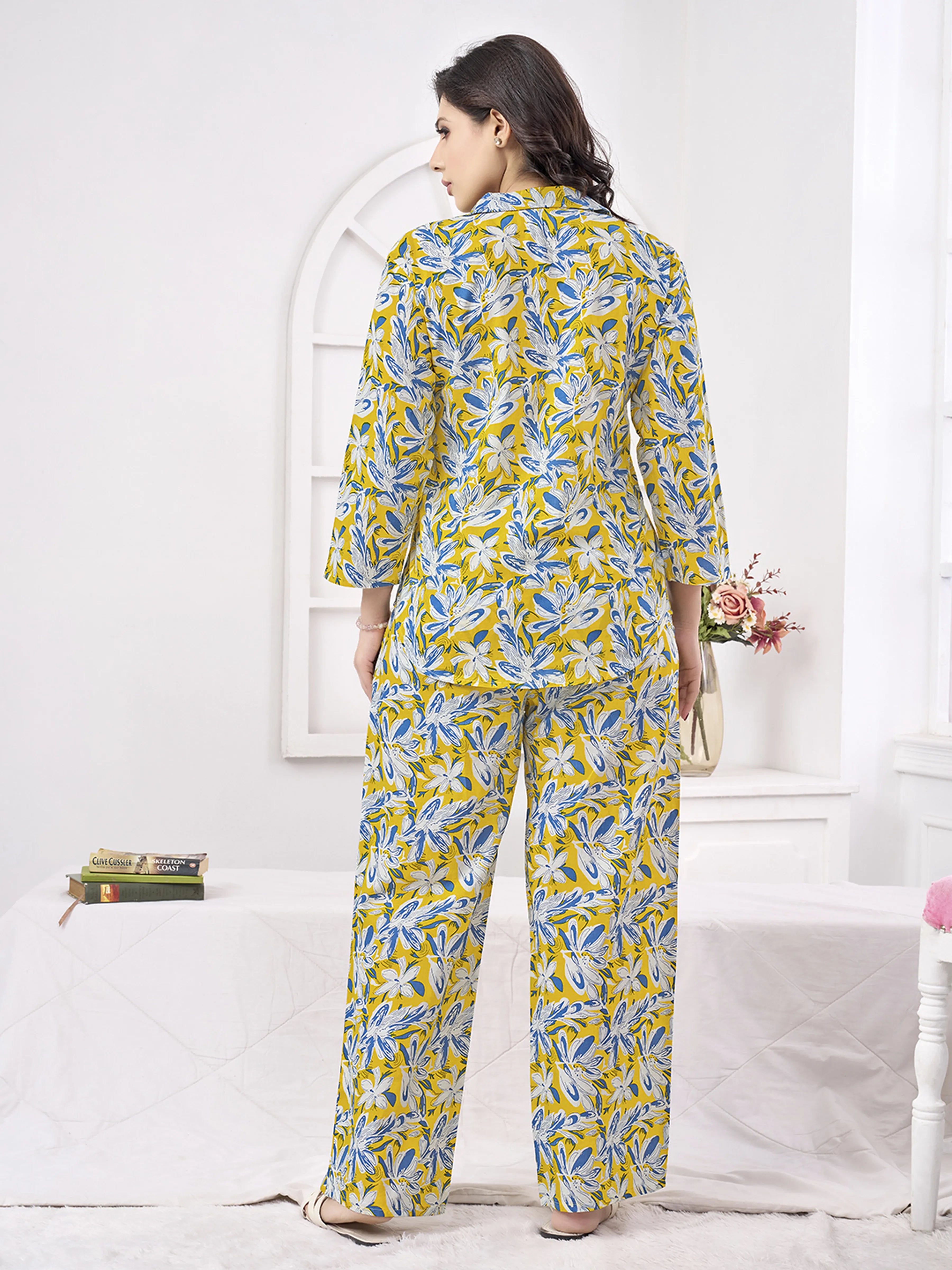 Yellow Floral Shirt Collar Cotton Co-ord Set
