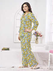 Yellow Floral Shirt Collar Cotton Co-ord Set