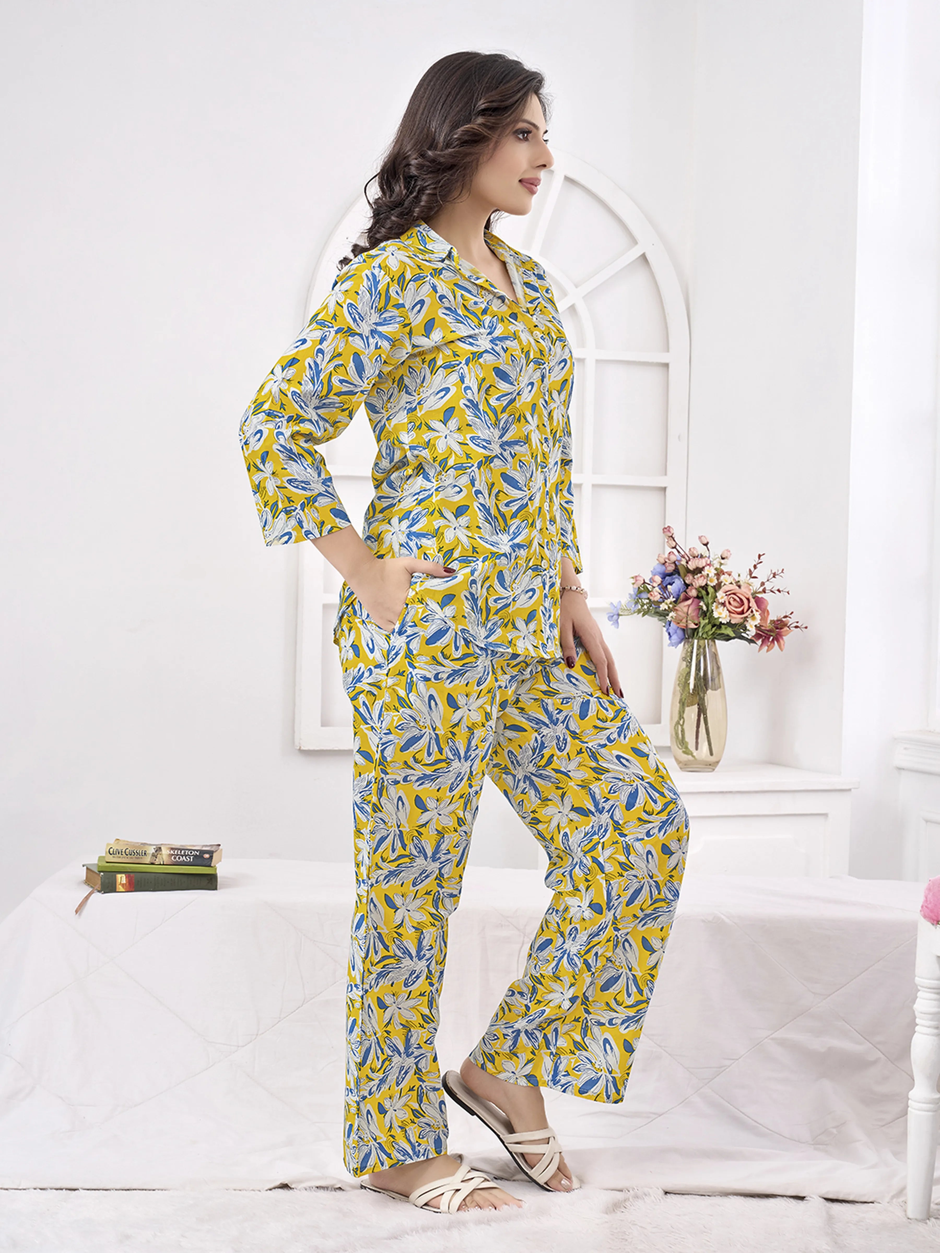 Yellow Floral Shirt Collar Cotton Co-ord Set