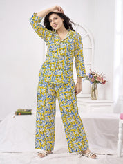 Yellow Floral Shirt Collar Cotton Co-ord Set