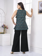 Blue Paisley Print Cotton Cambric Short Kurti