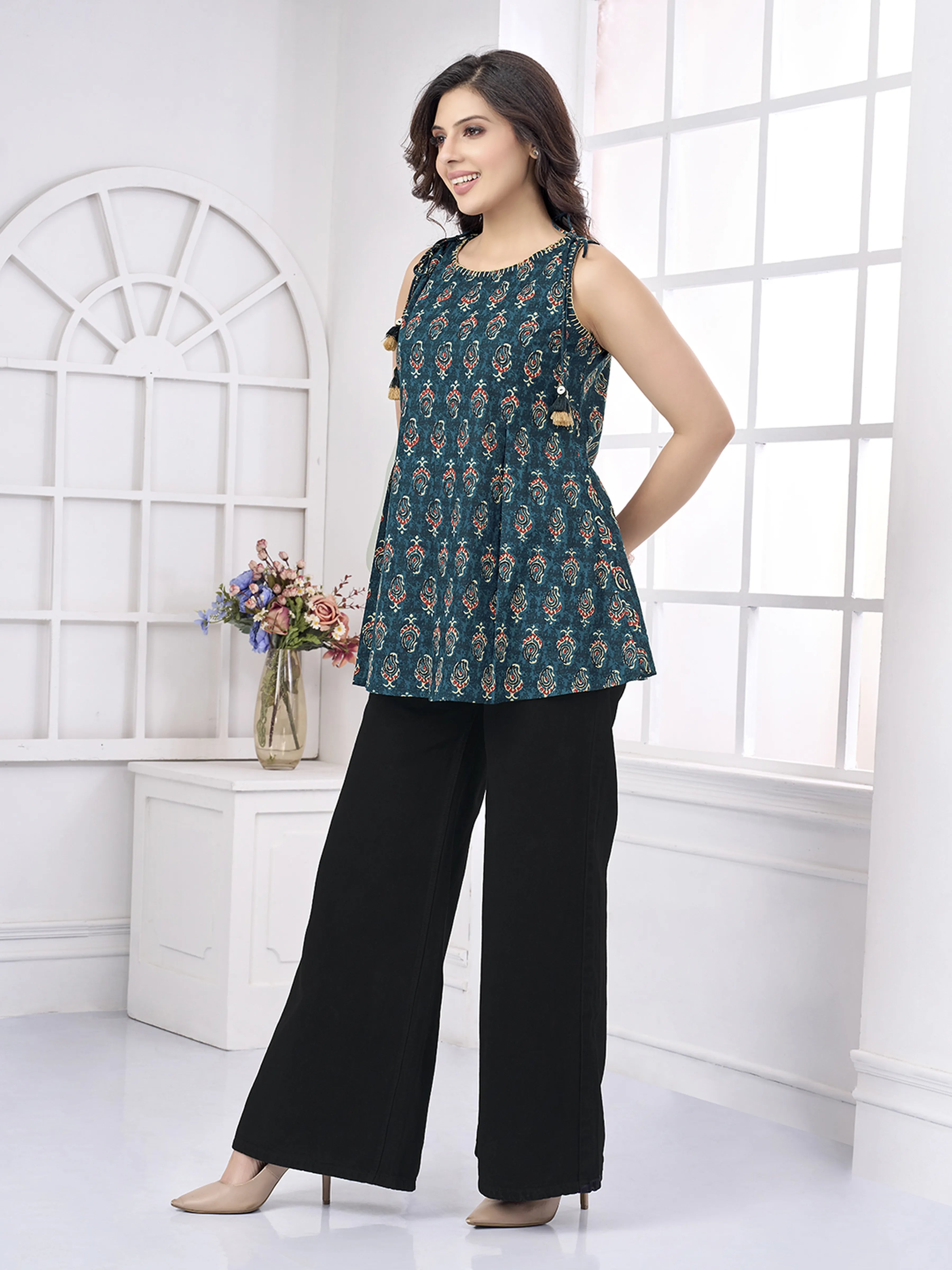 Blue Paisley Print Cotton Cambric Short Kurti