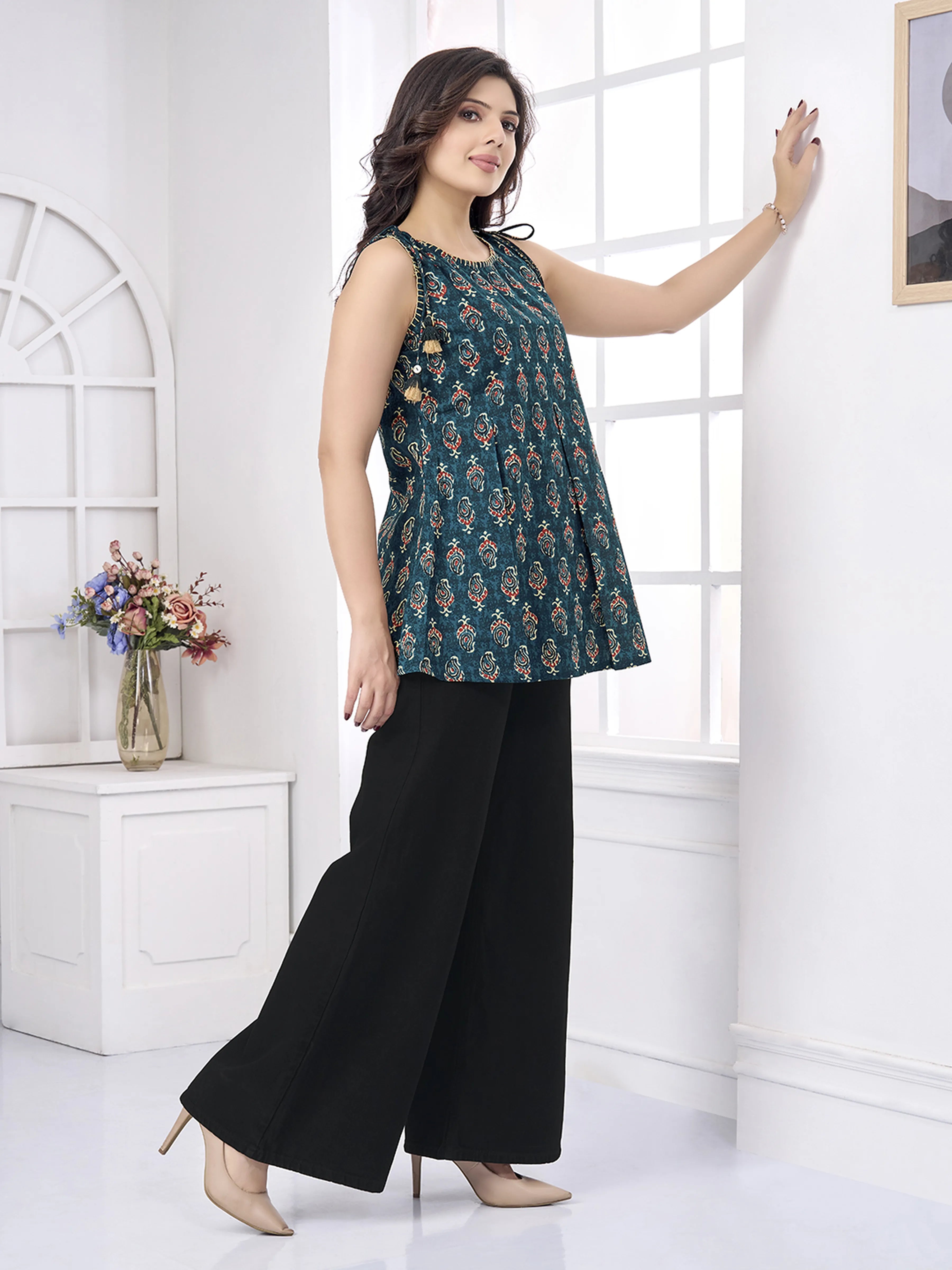 Blue Paisley Print Cotton Cambric Short Kurti