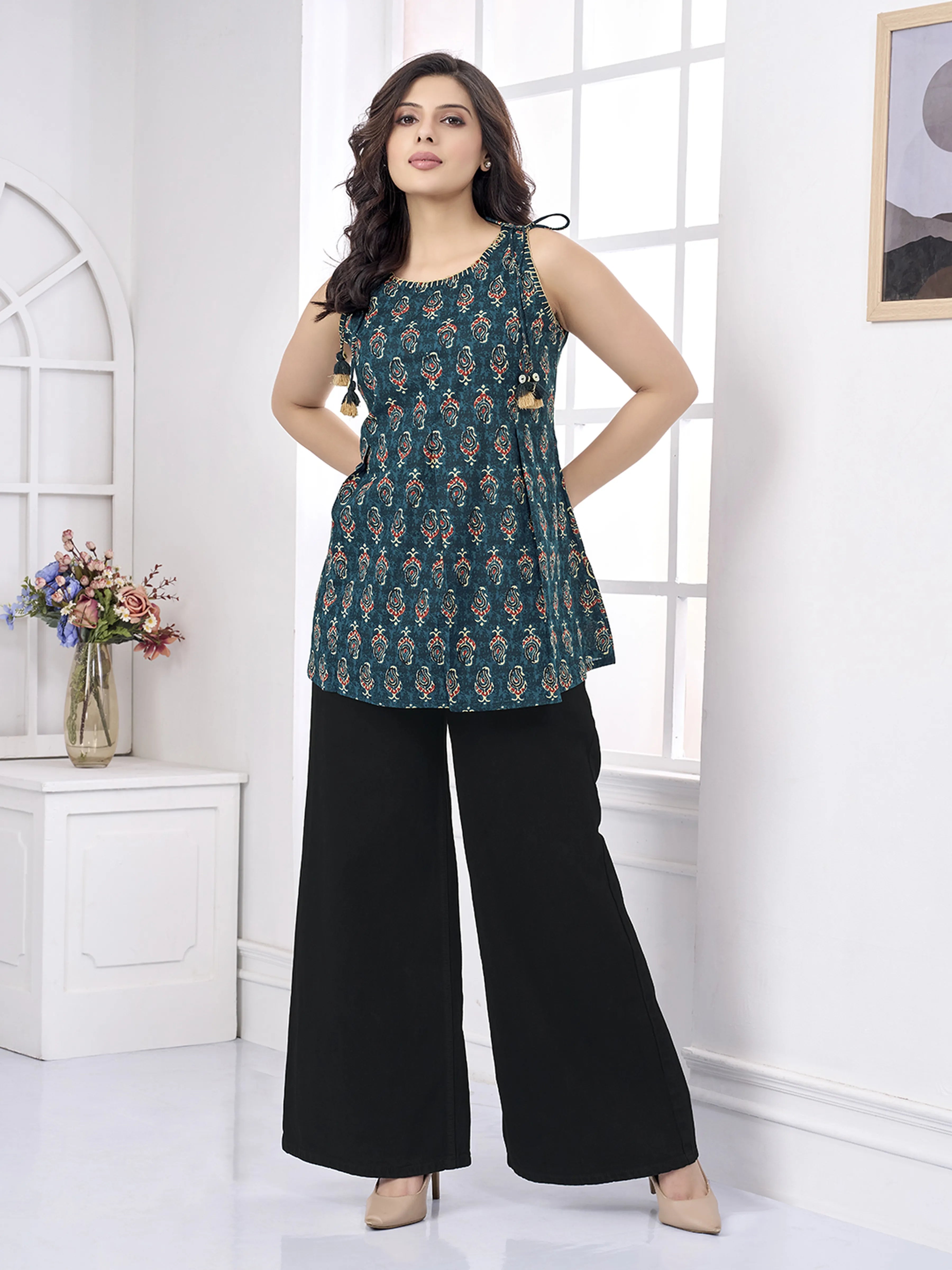 Blue Paisley Print Cotton Cambric Short Kurti