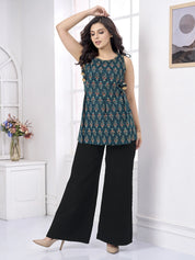 Blue Paisley Print Cotton Cambric Short Kurti